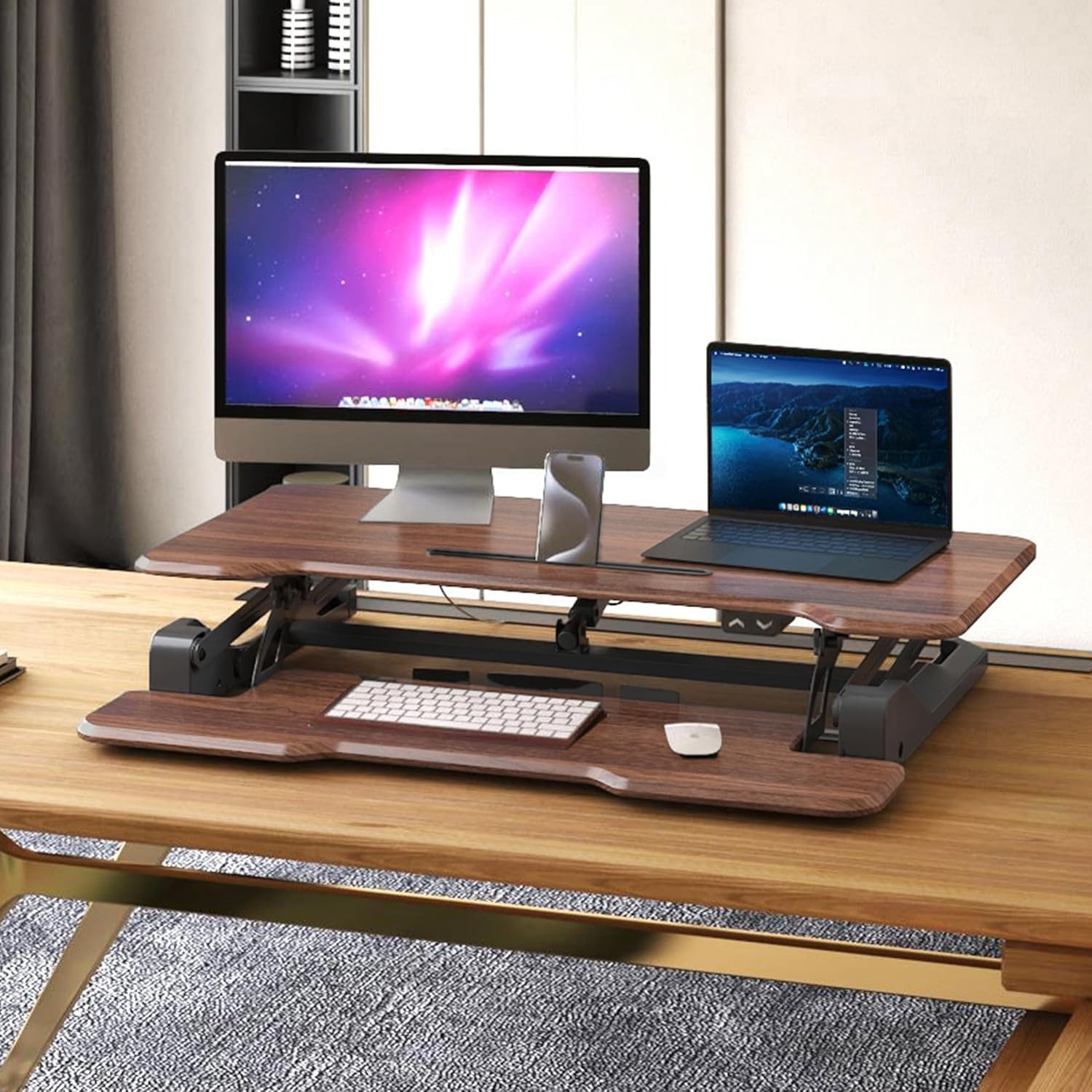 image:imageMountIt Electric Standing Desk Converter with 38 Tabletop Height Adjustable Sit Stand Desk Riser Motorized Desk Riser with Keyboard Tray and Device Slot Fits Monitor amp Laptop BlackDark Walnut