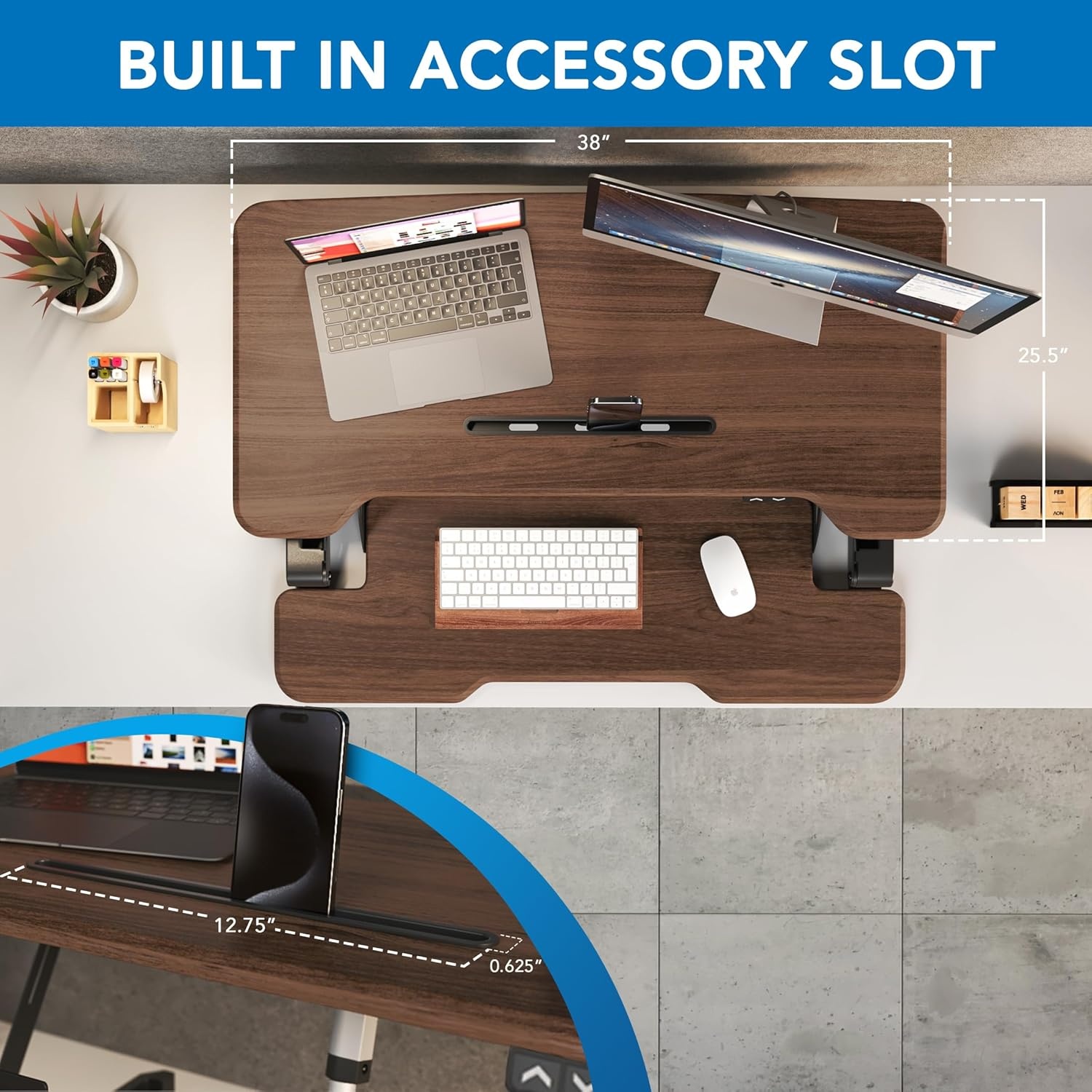 image:imageMountIt Electric Standing Desk Converter with 38 Tabletop Height Adjustable Sit Stand Desk Riser Motorized Desk Riser with Keyboard Tray and Device Slot Fits Monitor amp Laptop BlackDark Walnut
