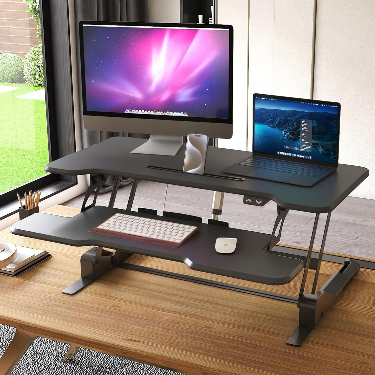 image:imageMountIt Electric Standing Desk Converter with 38 Tabletop Height Adjustable Sit Stand Desk Riser Motorized Desk Riser with Keyboard Tray and Device Slot Fits Monitor amp Laptop BlackBlack