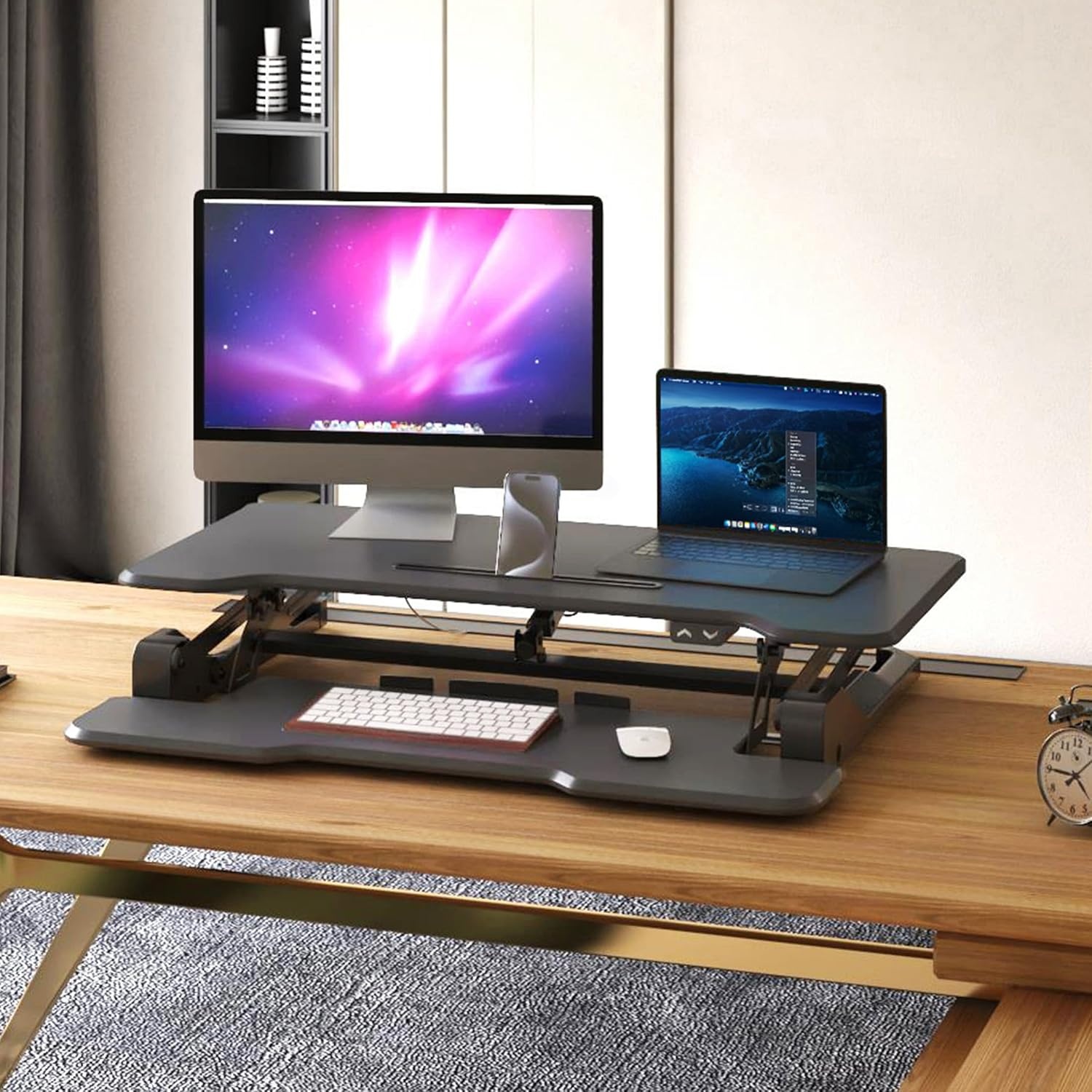 image:imageMountIt Electric Standing Desk Converter with 38 Tabletop Height Adjustable Sit Stand Desk Riser Motorized Desk Riser with Keyboard Tray and Device Slot Fits Monitor amp Laptop BlackBlack