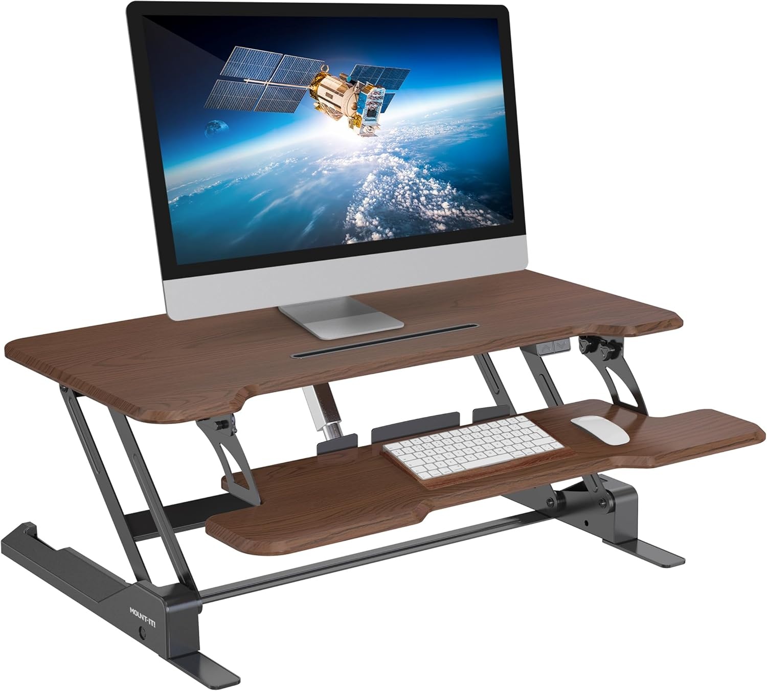 image:imageMountIt Electric Standing Desk Converter with 38 Tabletop Height Adjustable Sit Stand Desk Riser Motorized Desk Riser with Keyboard Tray and Device Slot Fits Monitor amp Laptop BlackDark Walnut