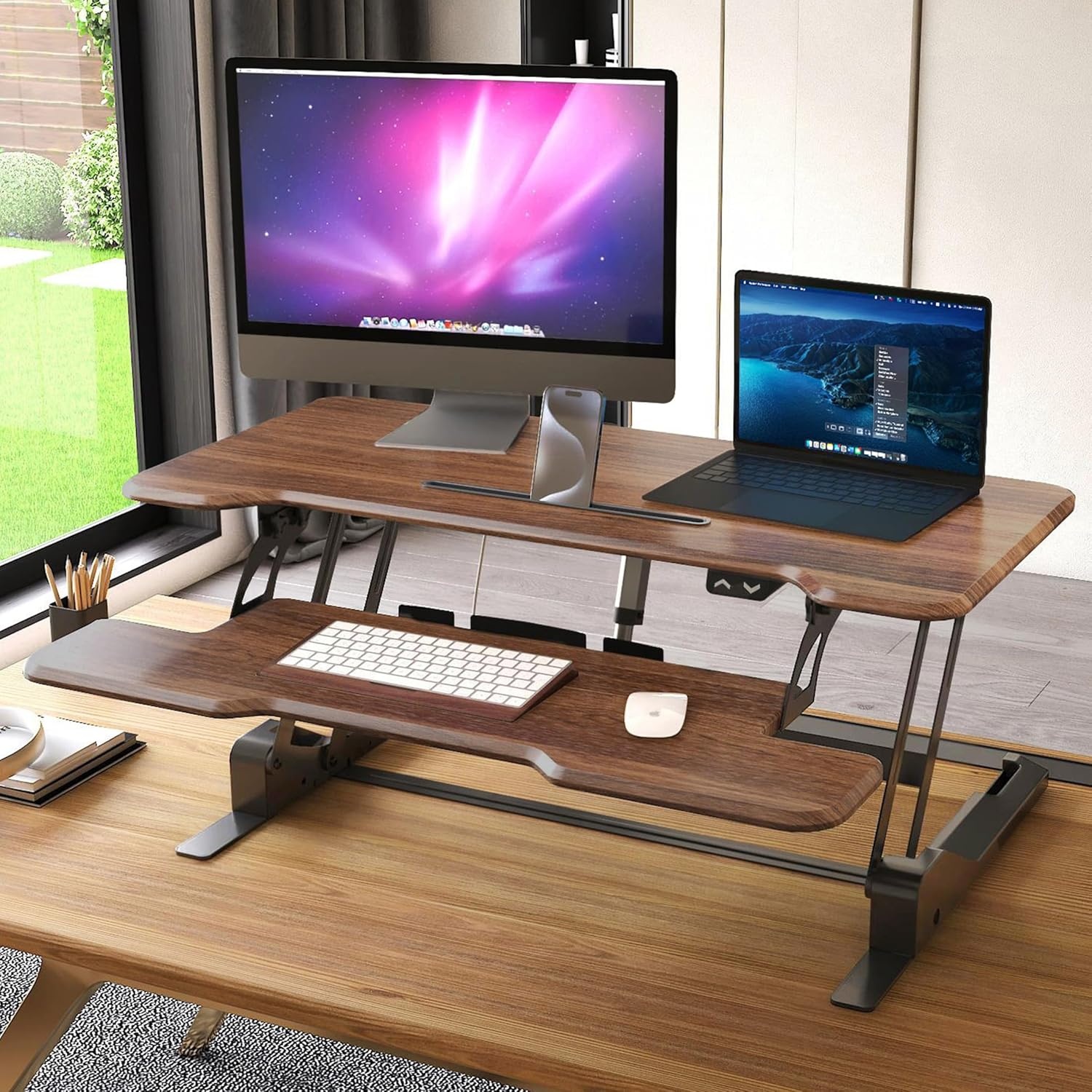 image:imageMountIt Electric Standing Desk Converter with 38 Tabletop Height Adjustable Sit Stand Desk Riser Motorized Desk Riser with Keyboard Tray and Device Slot Fits Monitor amp Laptop BlackDark Walnut