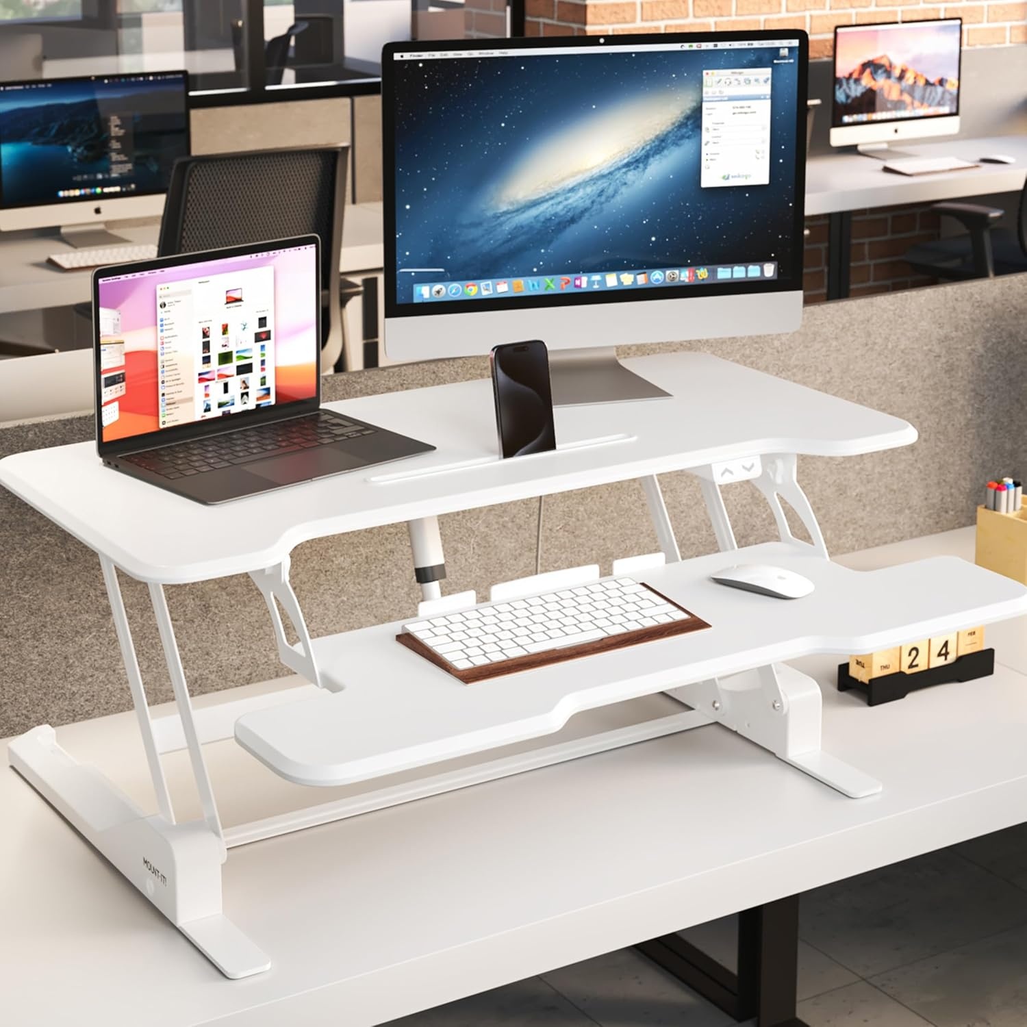 image:imageMountIt Electric Standing Desk Converter with 38 Tabletop Height Adjustable Sit Stand Desk Riser Motorized Desk Riser with Keyboard Tray and Device Slot Fits Monitor amp Laptop BlackWhite