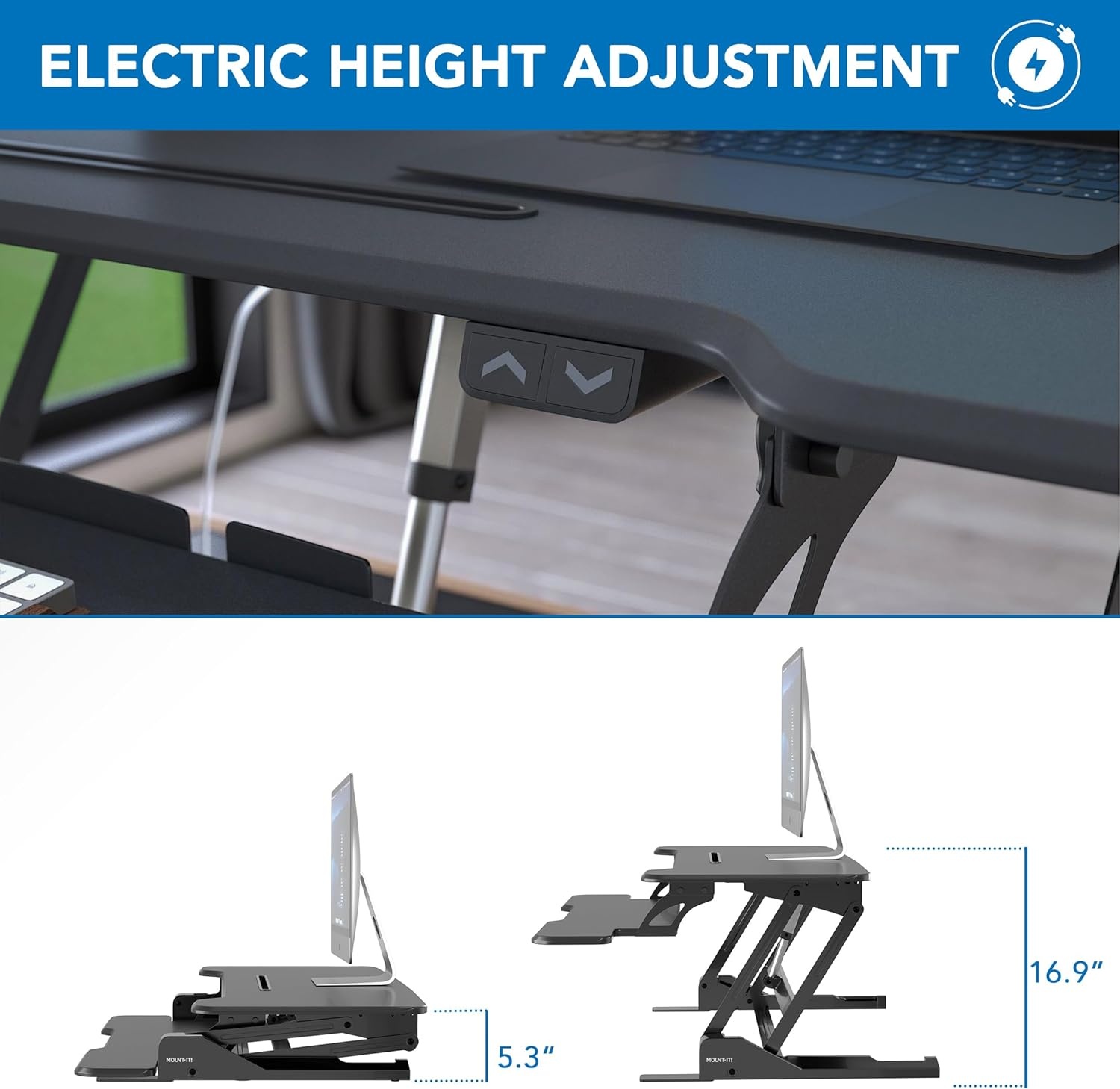 image:imageMountIt Electric Standing Desk Converter with 38 Tabletop Height Adjustable Sit Stand Desk Riser Motorized Desk Riser with Keyboard Tray and Device Slot Fits Monitor amp Laptop BlackBlack
