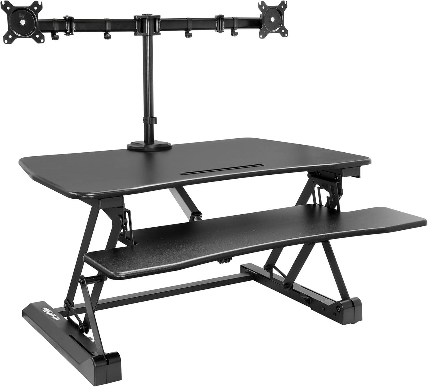 image:imageMountIt Electric Standing Desk Converter with Dual Monitor Arm Stand Up Desk Riser XLarge 472 Wide Electric Desk Riser with Mount for 2 Screens Max 32 Desktop with Keyboard Tray USB BlackLarge 354