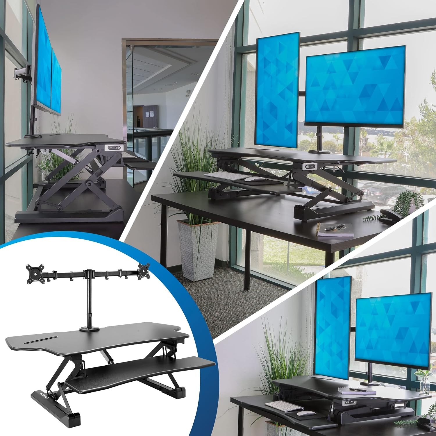 image:imageMountIt Electric Standing Desk Converter with Dual Monitor Arm Stand Up Desk Riser XLarge 472 Wide Electric Desk Riser with Mount for 2 Screens Max 32 Desktop with Keyboard Tray USB BlackXLarge 472
