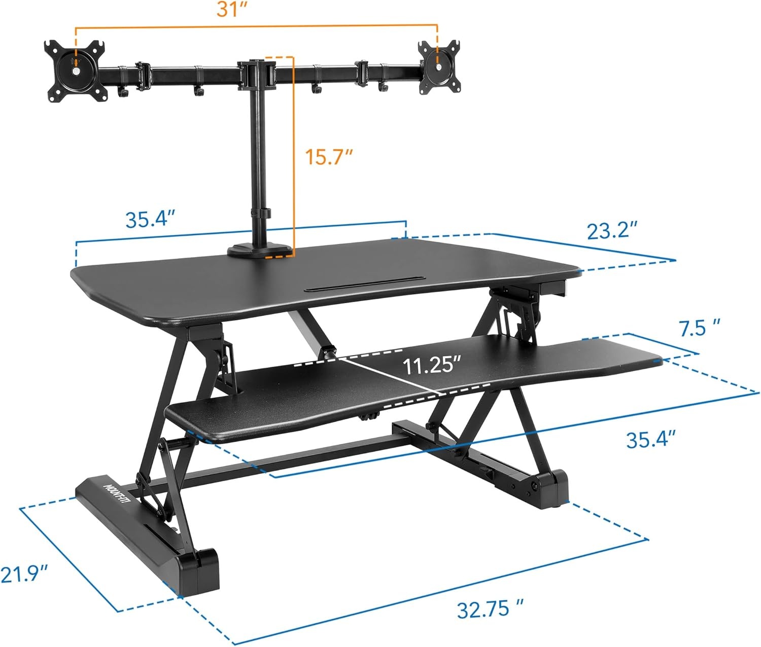 image:imageMountIt Electric Standing Desk Converter with Dual Monitor Arm Stand Up Desk Riser XLarge 472 Wide Electric Desk Riser with Mount for 2 Screens Max 32 Desktop with Keyboard Tray USB BlackLarge 354