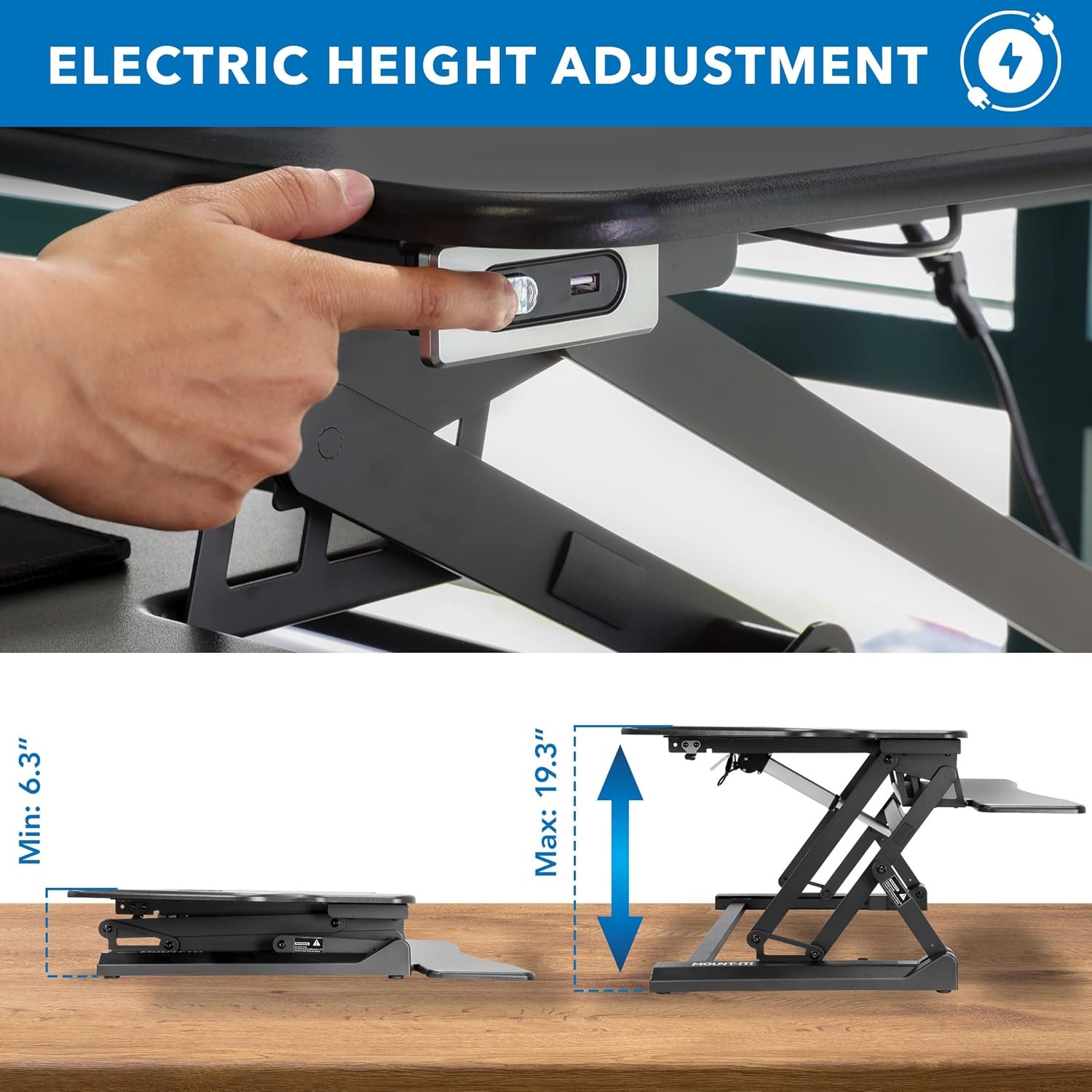 image:imageMountIt Electric Standing Desk Converter with Dual Monitor Arm Stand Up Desk Riser XLarge 472 Wide Electric Desk Riser with Mount for 2 Screens Max 32 Desktop with Keyboard Tray USB BlackXLarge 472