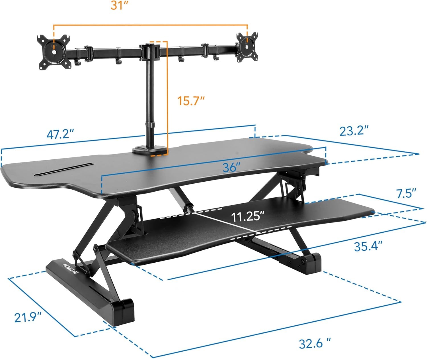 image:imageMountIt Electric Standing Desk Converter with Dual Monitor Arm Stand Up Desk Riser XLarge 472 Wide Electric Desk Riser with Mount for 2 Screens Max 32 Desktop with Keyboard Tray USB BlackXLarge 472