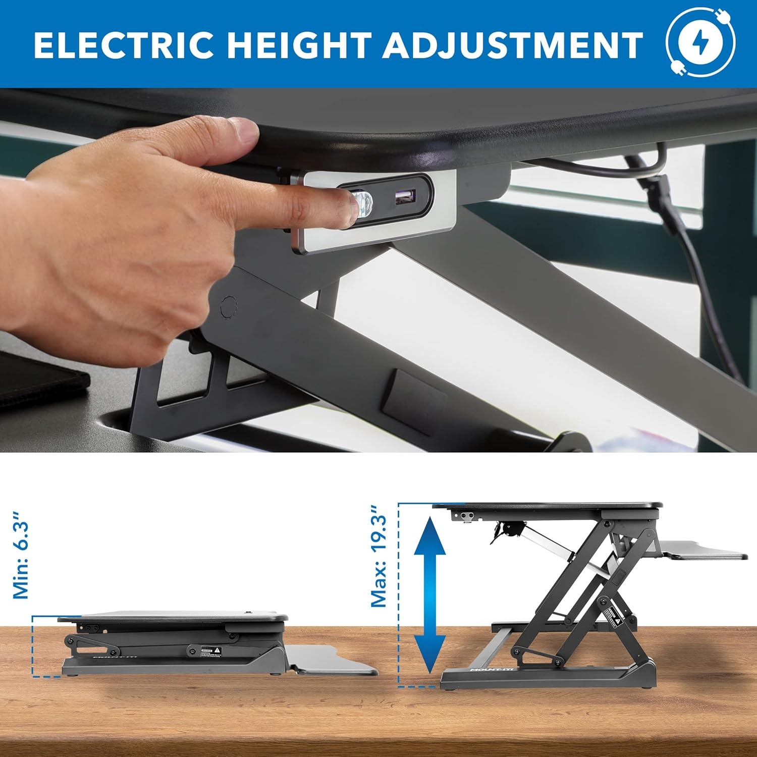 image:imageMountIt Electric Standing Desk Converter with Dual Monitor Arm Stand Up Desk Riser XLarge 472 Wide Electric Desk Riser with Mount for 2 Screens Max 32 Desktop with Keyboard Tray USB BlackLarge 354