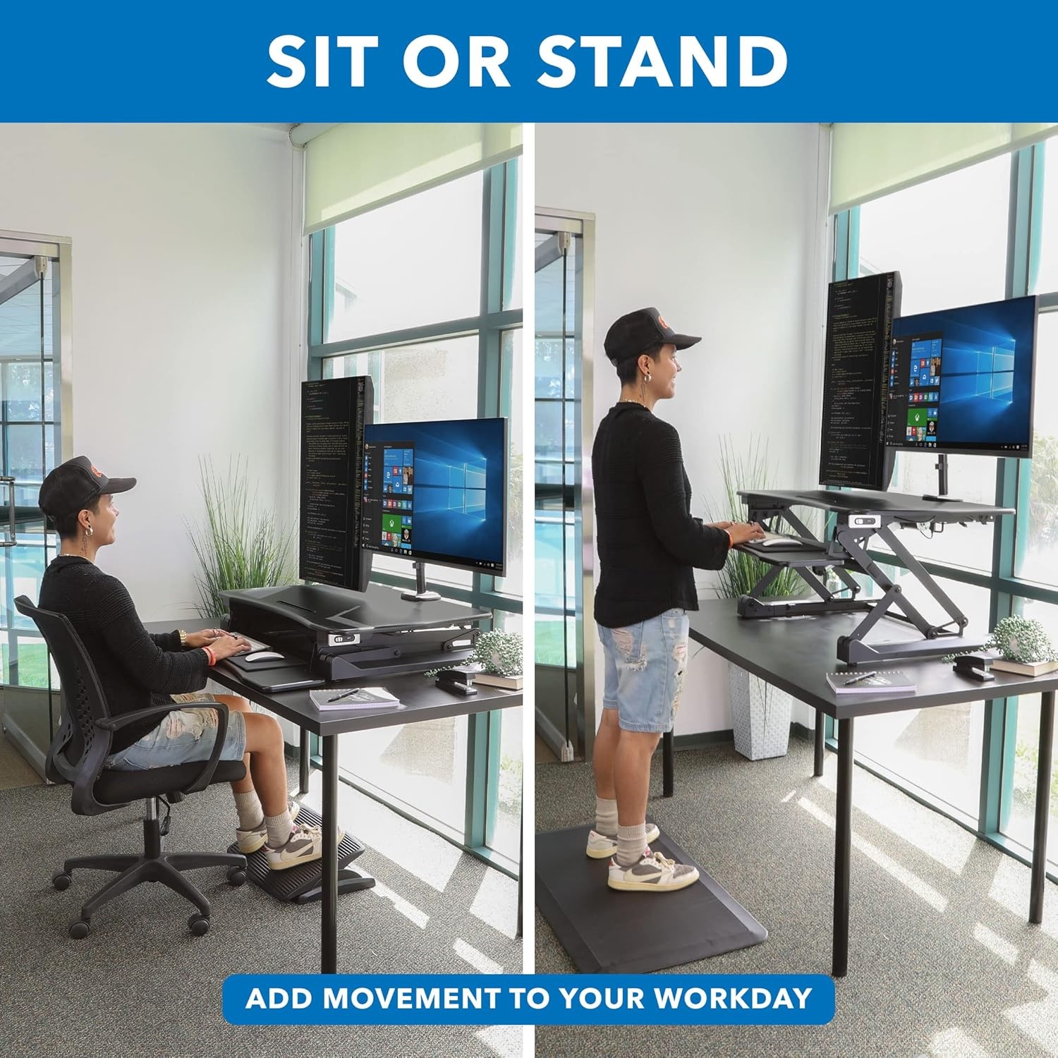 image:imageMountIt Electric Standing Desk Converter with Dual Monitor Arm Stand Up Desk Riser XLarge 472 Wide Electric Desk Riser with Mount for 2 Screens Max 32 Desktop with Keyboard Tray USB BlackLarge 354