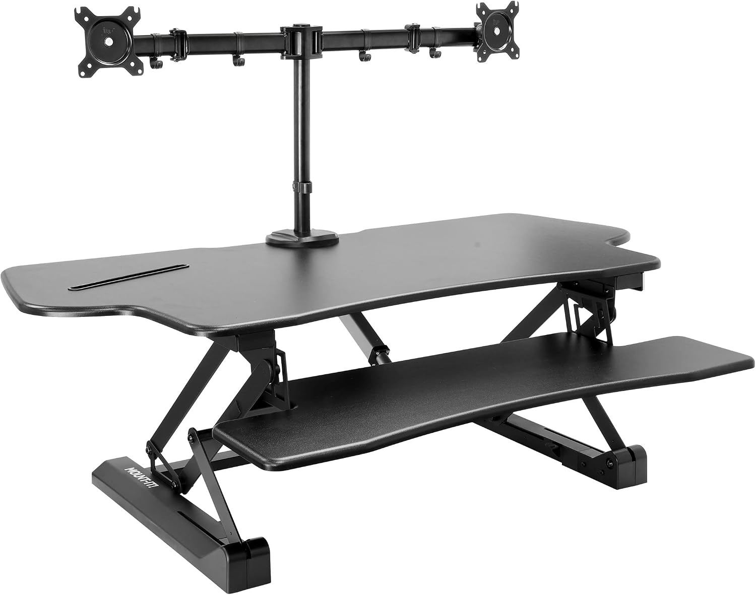 image:imageMountIt Electric Standing Desk Converter with Dual Monitor Arm Stand Up Desk Riser XLarge 472 Wide Electric Desk Riser with Mount for 2 Screens Max 32 Desktop with Keyboard Tray USB BlackXLarge 472