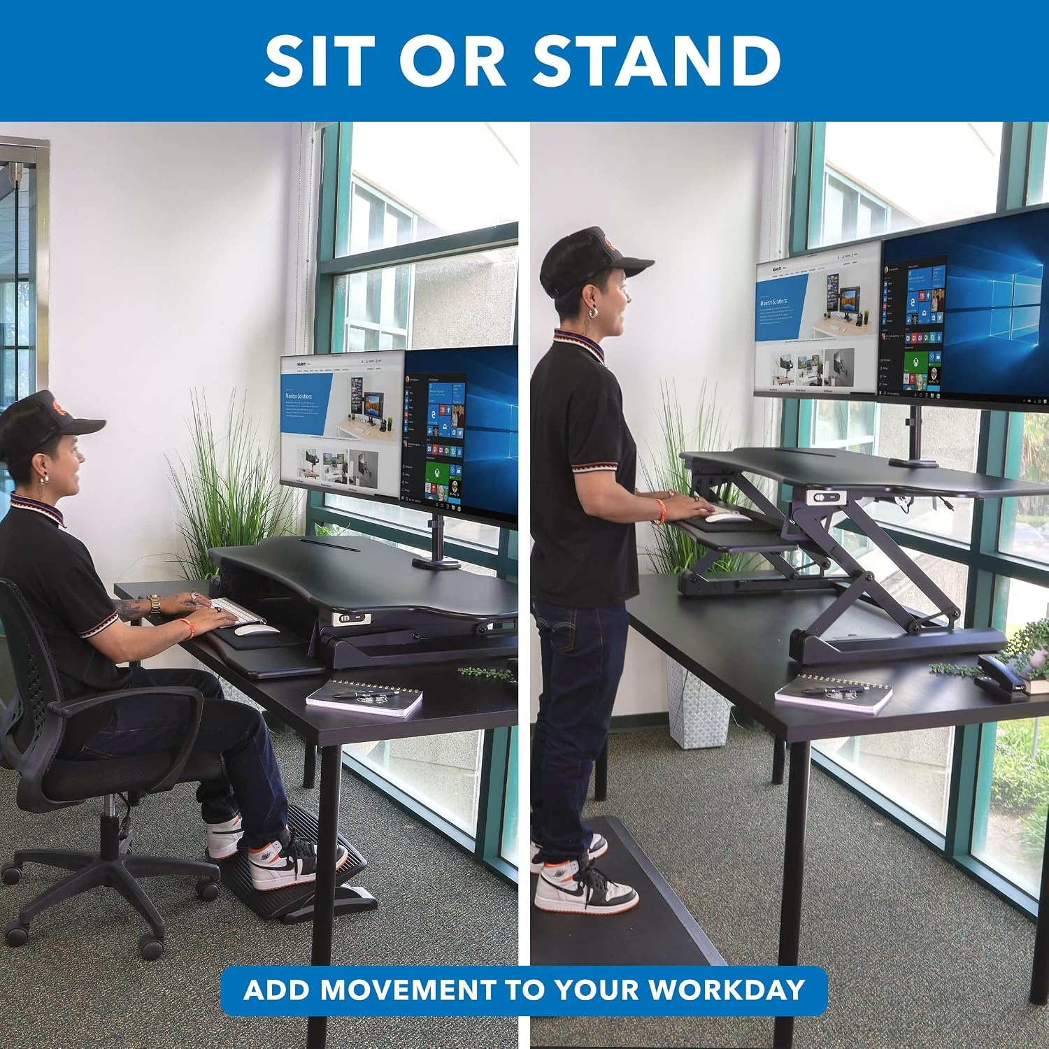 image:imageMountIt Electric Standing Desk Converter with Dual Monitor Arm Stand Up Desk Riser XLarge 472 Wide Electric Desk Riser with Mount for 2 Screens Max 32 Desktop with Keyboard Tray USB BlackXLarge 472