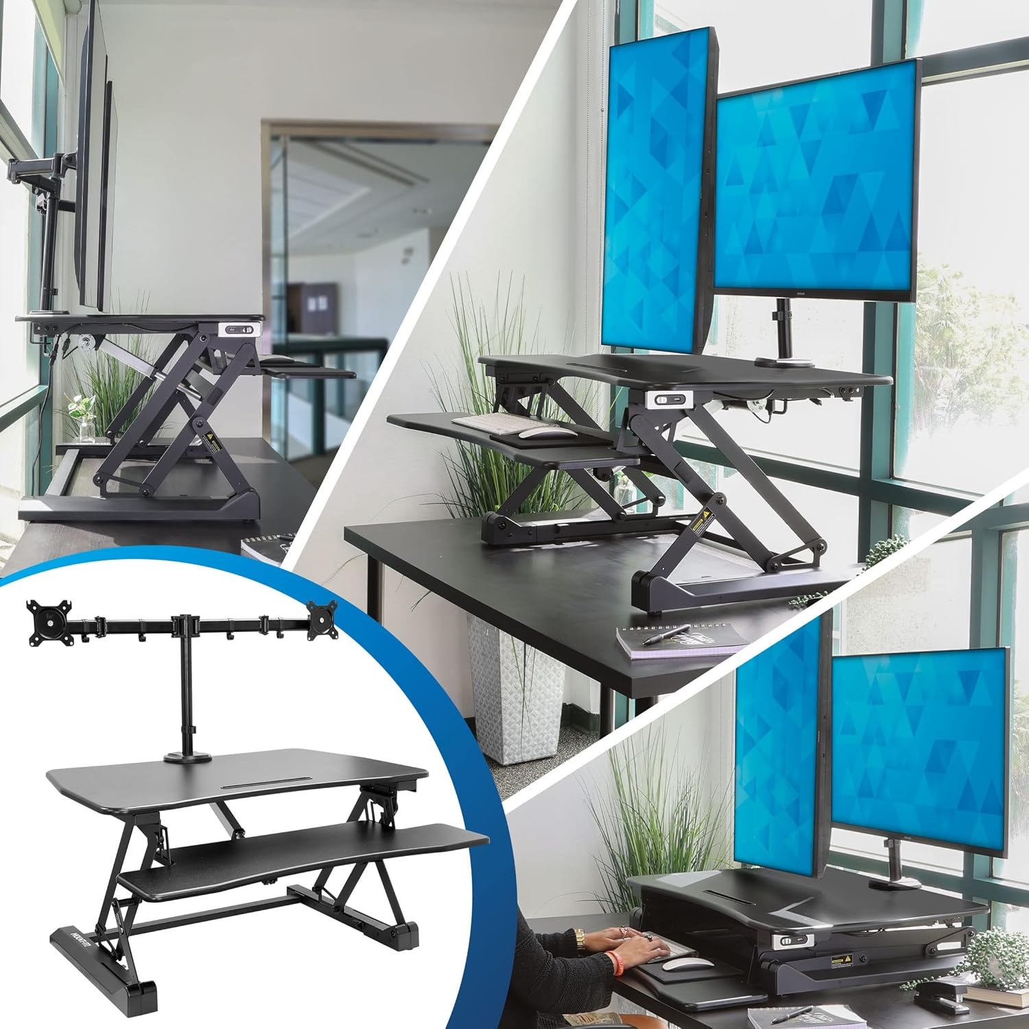 image:imageMountIt Electric Standing Desk Converter with Dual Monitor Arm Stand Up Desk Riser XLarge 472 Wide Electric Desk Riser with Mount for 2 Screens Max 32 Desktop with Keyboard Tray USB BlackLarge 354