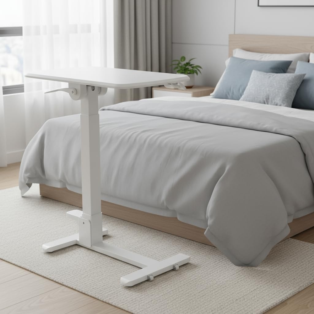image:imageMountIt Foldable Overbed Table with Wheels Height Adjustable Rolling Bedside Table No Assembly Required UltraLow Profile Base Fits Under Beds amp Sofas for Home and Hospital Use