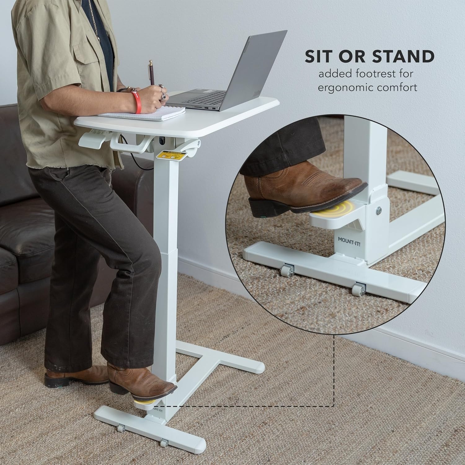 image:imageMountIt Foldable Overbed Table with Wheels Height Adjustable Rolling Bedside Table No Assembly Required UltraLow Profile Base Fits Under Beds amp Sofas for Home and Hospital Use