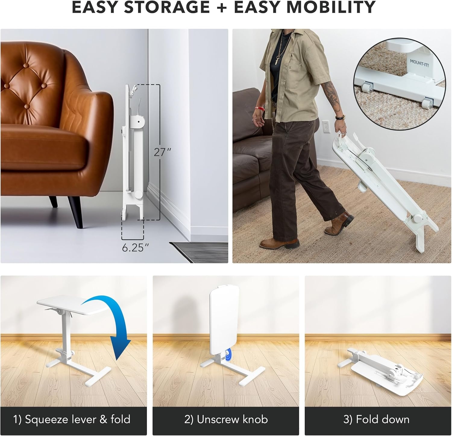 image:imageMountIt Foldable Overbed Table with Wheels Height Adjustable Rolling Bedside Table No Assembly Required UltraLow Profile Base Fits Under Beds amp Sofas for Home and Hospital Use