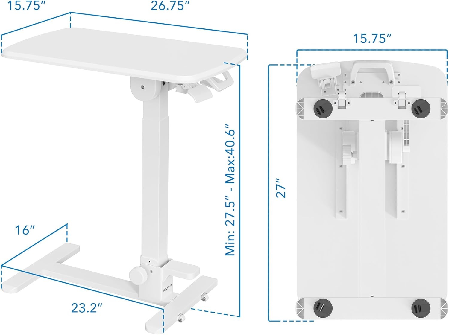 image:imageMountIt Foldable Overbed Table with Wheels Height Adjustable Rolling Bedside Table No Assembly Required UltraLow Profile Base Fits Under Beds amp Sofas for Home and Hospital Use