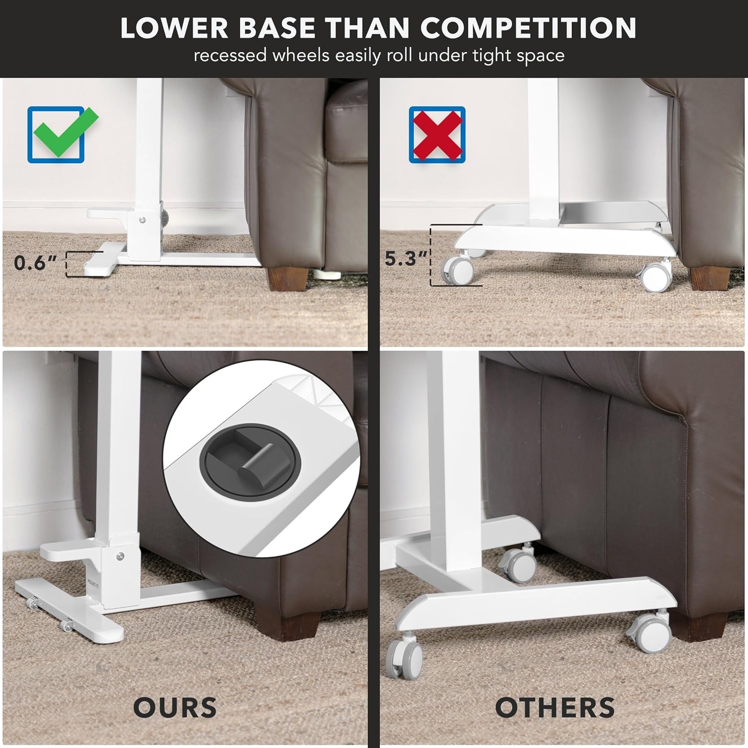 image:imageMountIt Foldable Overbed Table with Wheels Height Adjustable Rolling Bedside Table No Assembly Required UltraLow Profile Base Fits Under Beds amp Sofas for Home and Hospital Use