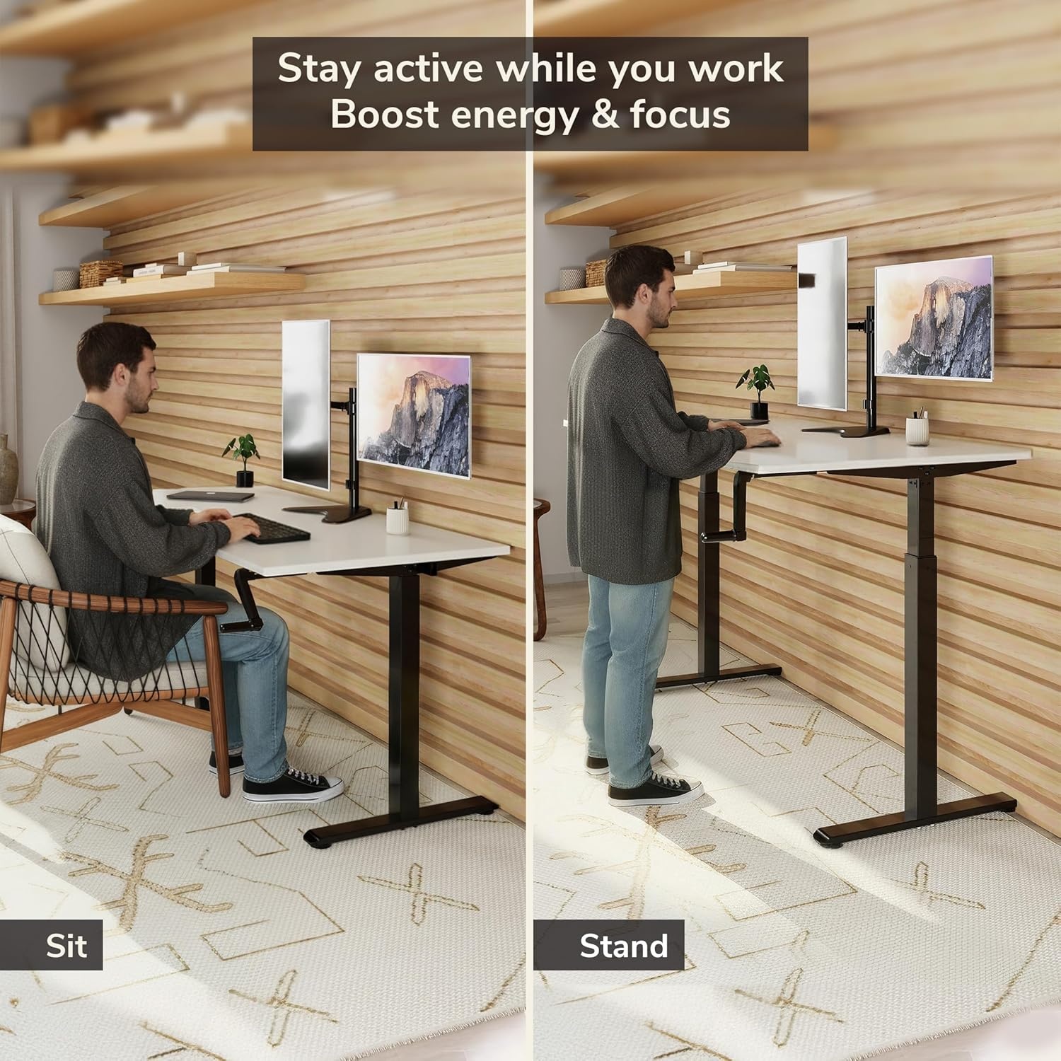 image:imageMountIt Hand Crank Standing Desk with 55 OnePiece Tabletop Crank Standing Desk for Home Office SitStand Workstation 132 lb Foldable Handle Black FrameWhite