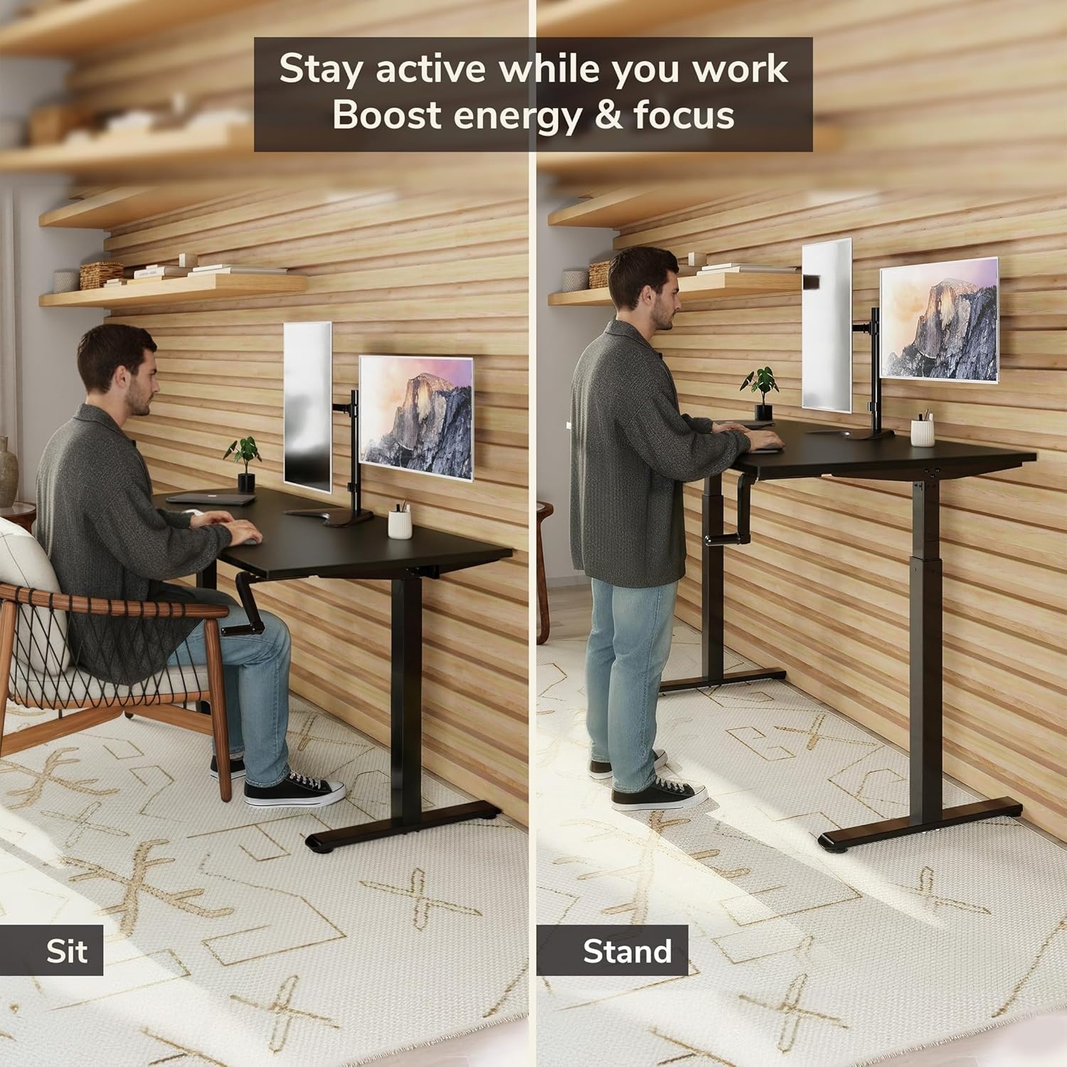 image:imageMountIt Hand Crank Standing Desk with 55 OnePiece Tabletop Crank Standing Desk for Home Office SitStand Workstation 132 lb Foldable Handle Black FrameBlack