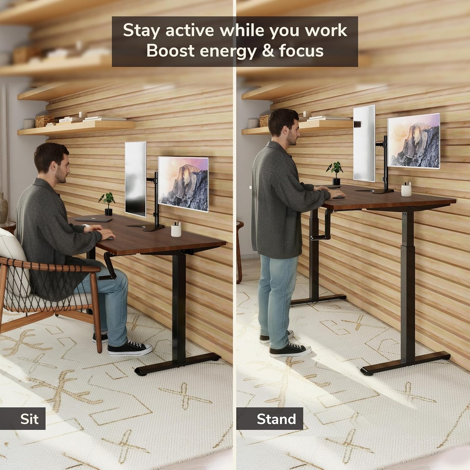 image:imageMountIt Hand Crank Standing Desk with 55 OnePiece Tabletop Crank Standing Desk for Home Office SitStand Workstation 132 lb Foldable Handle Black FrameAdrift
