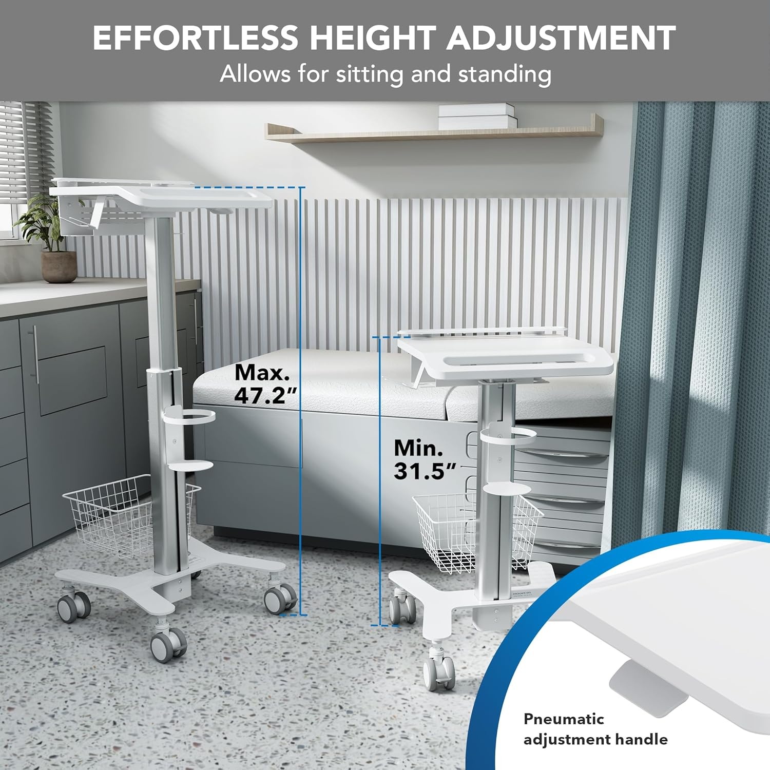 image:imageMountIt Height Adjustable Medical Laptop Cart Mobile Rolling Workstation with Secure Laptop Holder Cable Management and Storage Hooks Ergonomic SittoStand Cart for Clinics and Hospitals