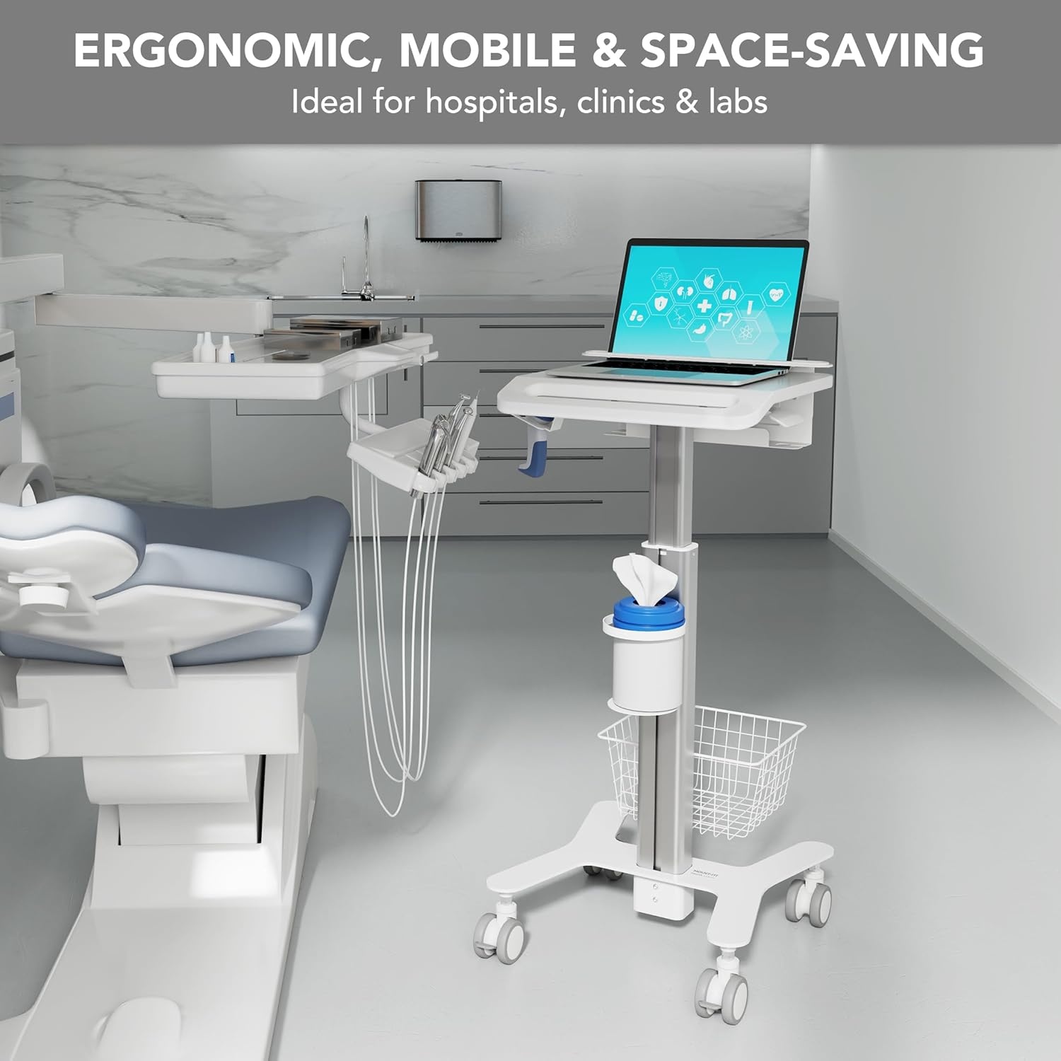 image:imageMountIt Height Adjustable Medical Laptop Cart Mobile Rolling Workstation with Secure Laptop Holder Cable Management and Storage Hooks Ergonomic SittoStand Cart for Clinics and Hospitals