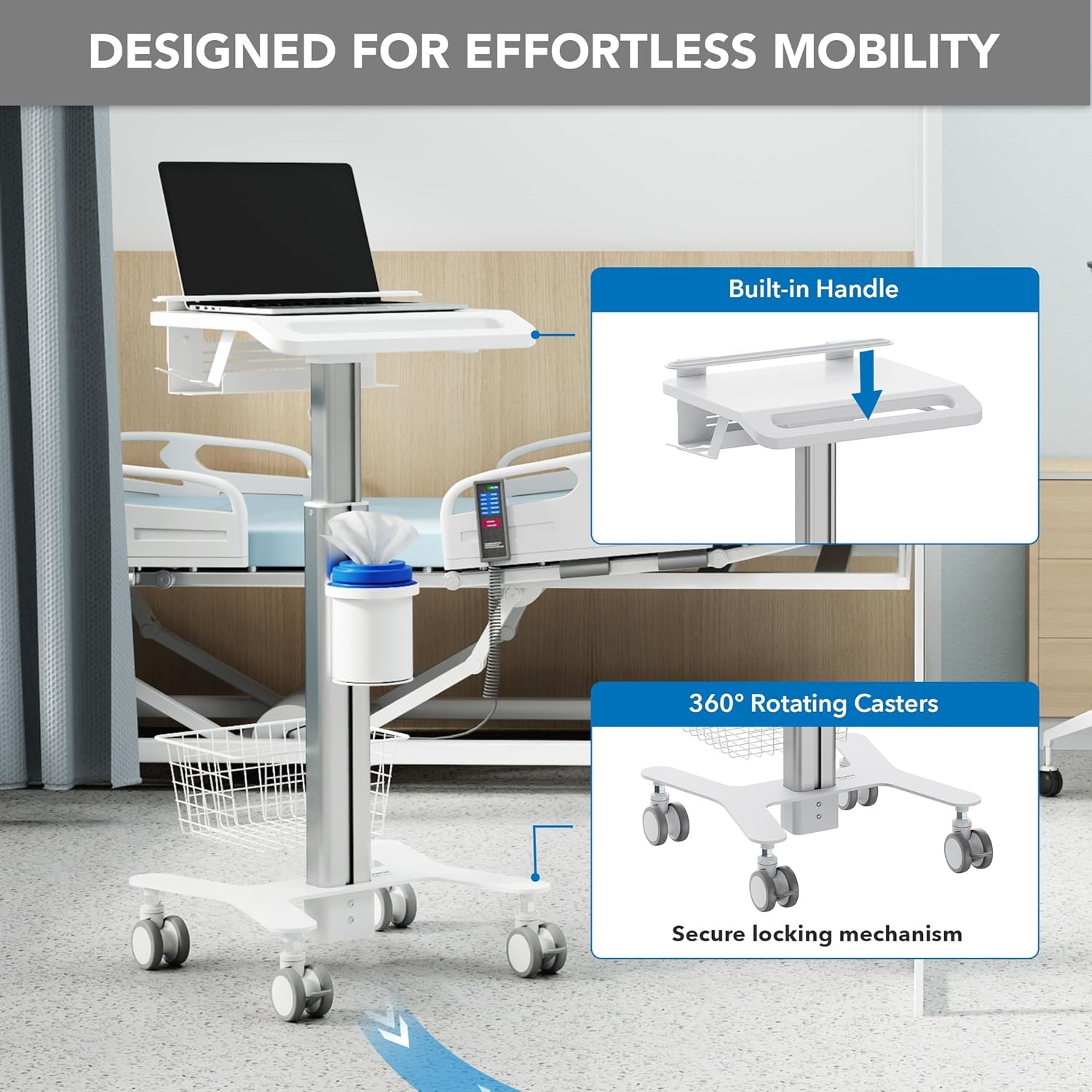 image:imageMountIt Height Adjustable Medical Laptop Cart Mobile Rolling Workstation with Secure Laptop Holder Cable Management and Storage Hooks Ergonomic SittoStand Cart for Clinics and Hospitals