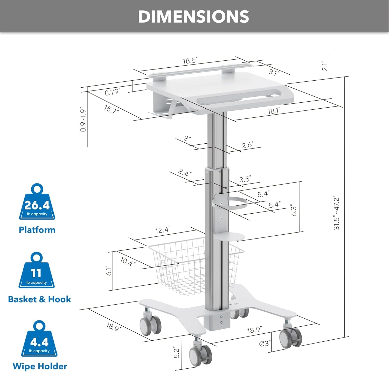image:imageMountIt Height Adjustable Medical Laptop Cart Mobile Rolling Workstation with Secure Laptop Holder Cable Management and Storage Hooks Ergonomic SittoStand Cart for Clinics and Hospitals