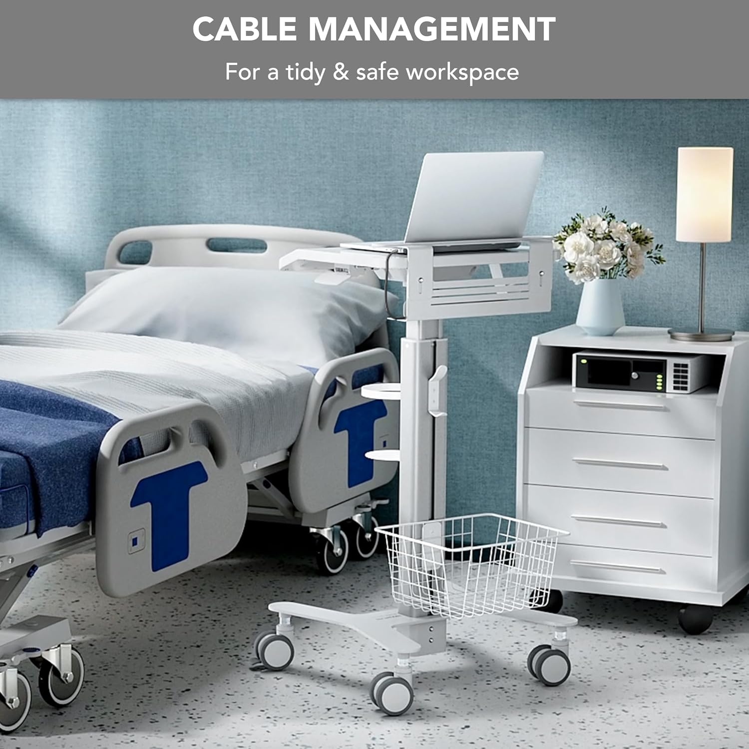 image:imageMountIt Height Adjustable Medical Laptop Cart Mobile Rolling Workstation with Secure Laptop Holder Cable Management and Storage Hooks Ergonomic SittoStand Cart for Clinics and Hospitals