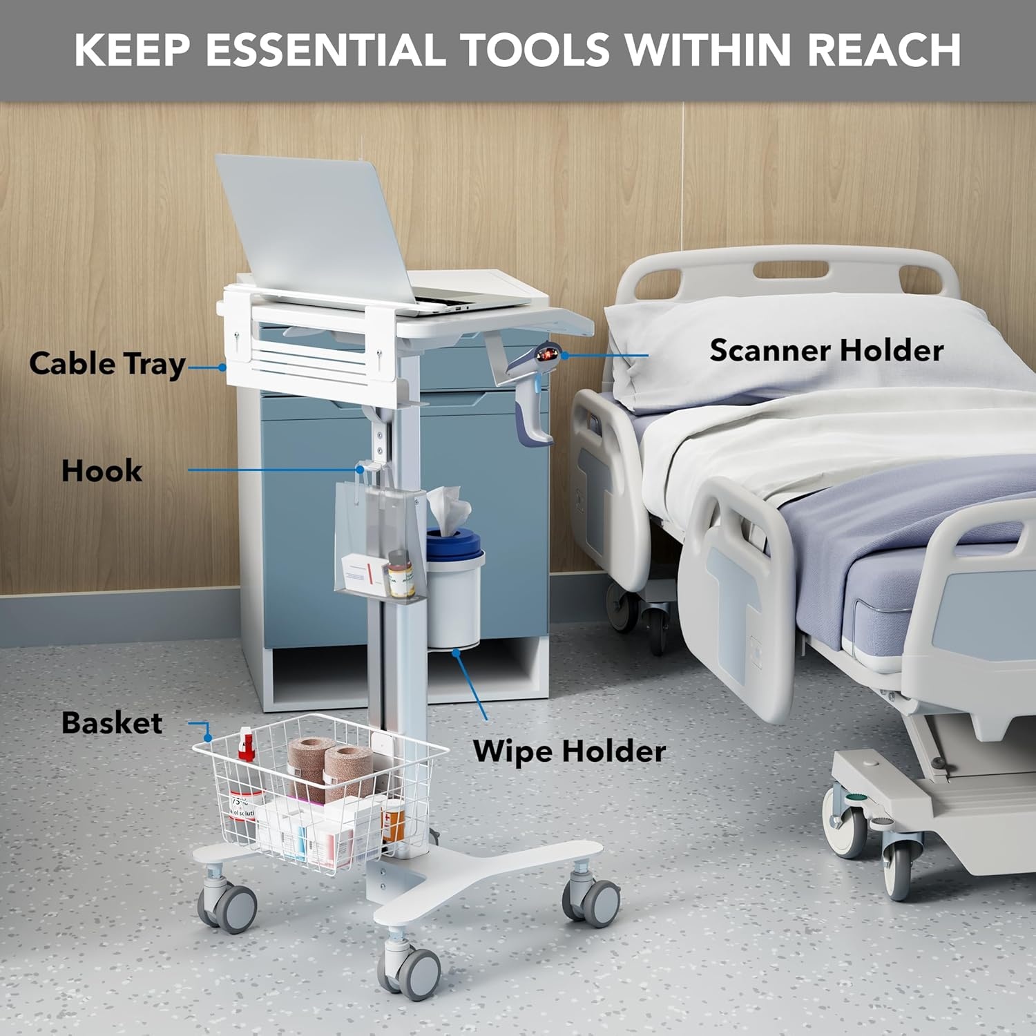 image:imageMountIt Height Adjustable Medical Laptop Cart Mobile Rolling Workstation with Secure Laptop Holder Cable Management and Storage Hooks Ergonomic SittoStand Cart for Clinics and Hospitals