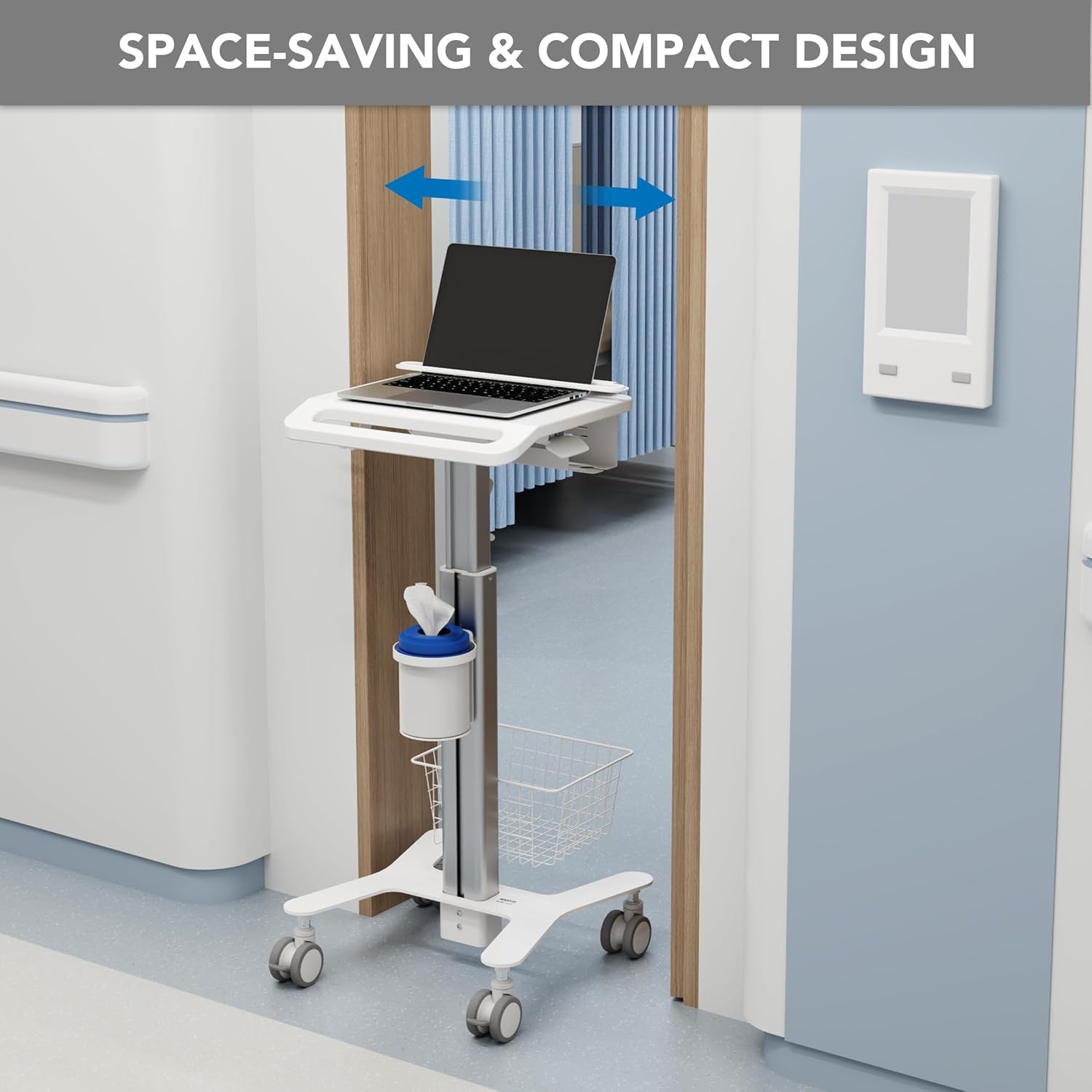 image:imageMountIt Height Adjustable Medical Laptop Cart Mobile Rolling Workstation with Secure Laptop Holder Cable Management and Storage Hooks Ergonomic SittoStand Cart for Clinics and Hospitals