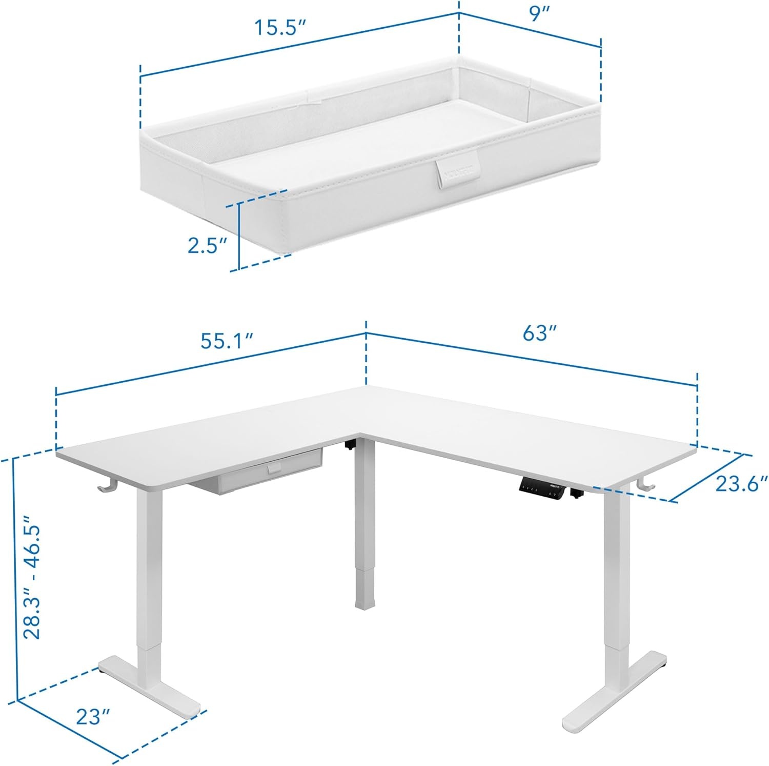 image:imageMountIt L Shaped Standing Desk Extra Large 75 x 63 Electric Corner Standing Desk Height Adjustable from 283 to 465 3 Memory Settings White Solid Steel Frame Black TabletopWhite Frame White Top