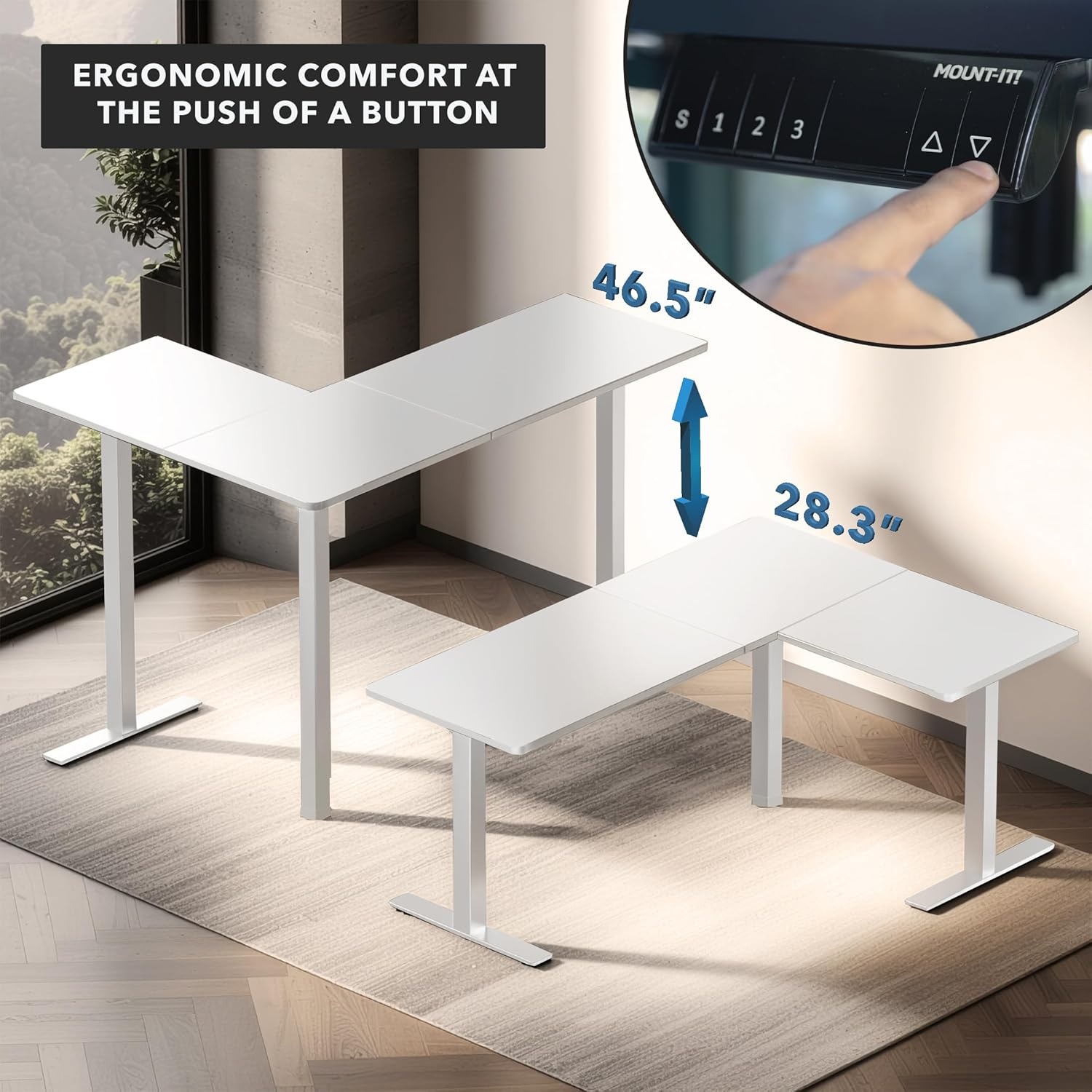 image:imageMountIt L Shaped Standing Desk Extra Large 75 x 63 Electric Corner Standing Desk Height Adjustable from 283 to 465 3 Memory Settings White Solid Steel Frame Black TabletopWhite Frame White Top