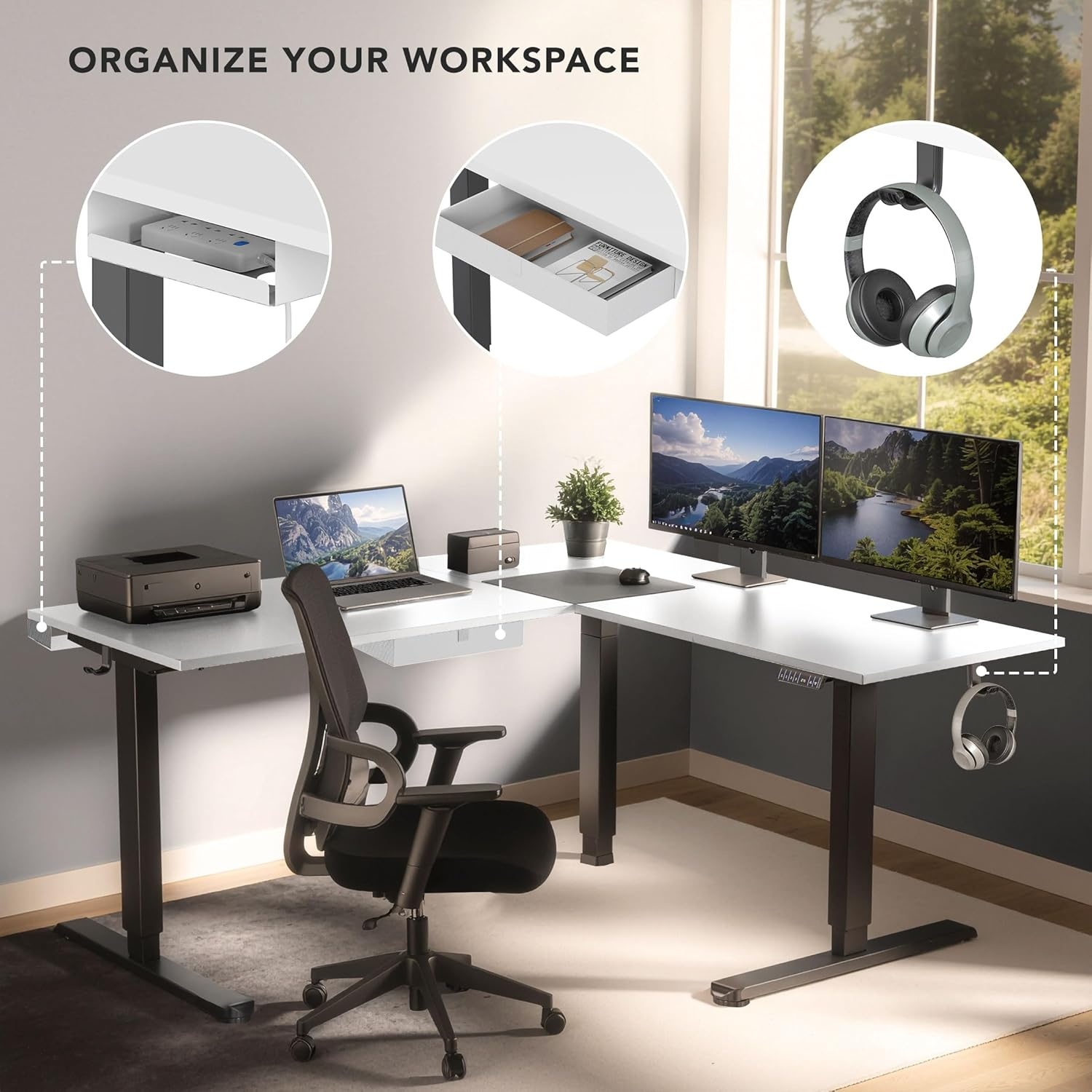 image:imageMountIt L Shaped Standing Desk Extra Large 75 x 63 Electric Corner Standing Desk Height Adjustable from 283 to 465 3 Memory Settings White Solid Steel Frame Black TabletopBlack Frame White Top