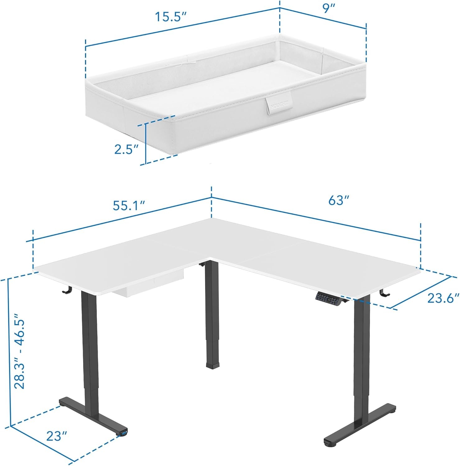 image:imageMountIt L Shaped Standing Desk Extra Large 75 x 63 Electric Corner Standing Desk Height Adjustable from 283 to 465 3 Memory Settings White Solid Steel Frame Black TabletopBlack Frame White Top