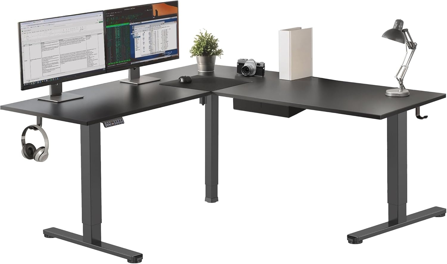image:imageMountIt L Shaped Standing Desk Extra Large 75 x 63 Electric Corner Standing Desk Height Adjustable from 283 to 465 3 Memory Settings White Solid Steel Frame Black TabletopBlack Frame Black Top