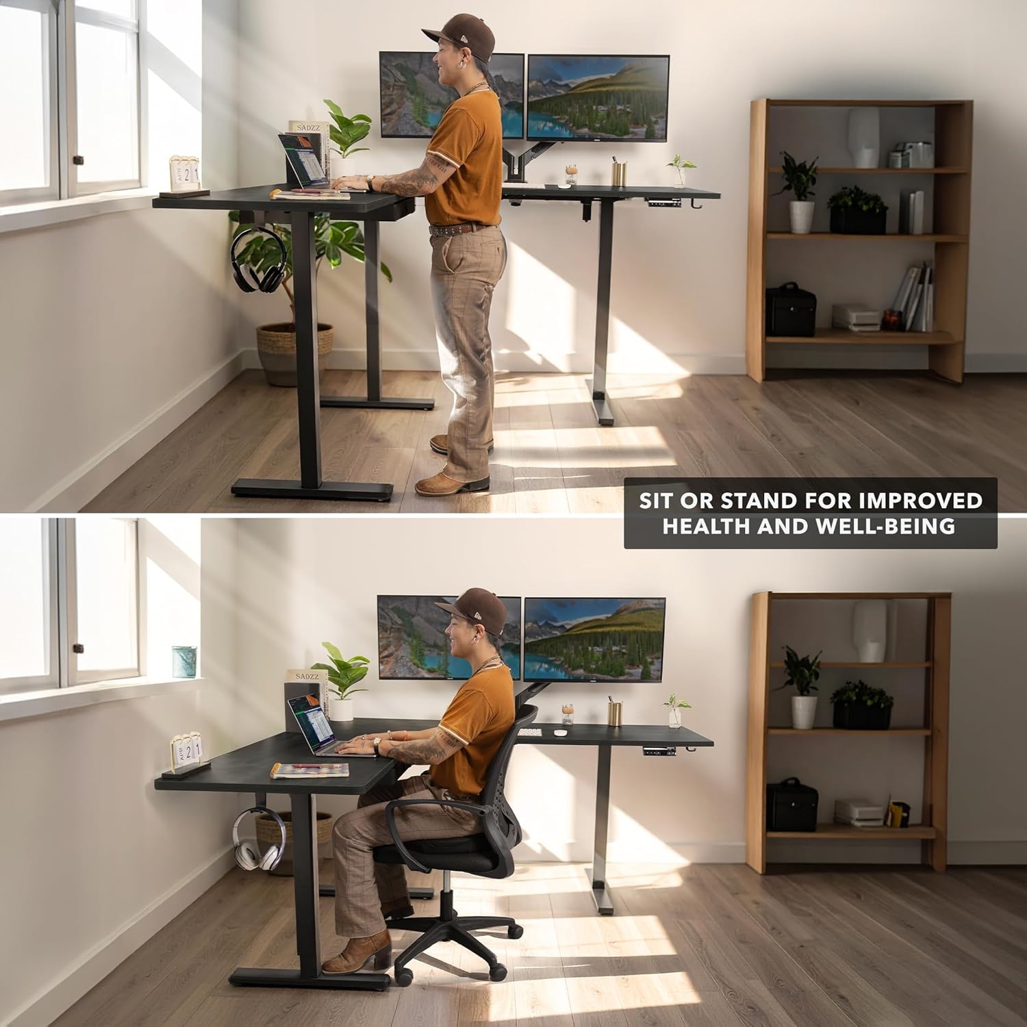 image:imageMountIt L Shaped Standing Desk Extra Large 75 x 63 Electric Corner Standing Desk Height Adjustable from 283 to 465 3 Memory Settings White Solid Steel Frame Black TabletopBlack Frame Black Top