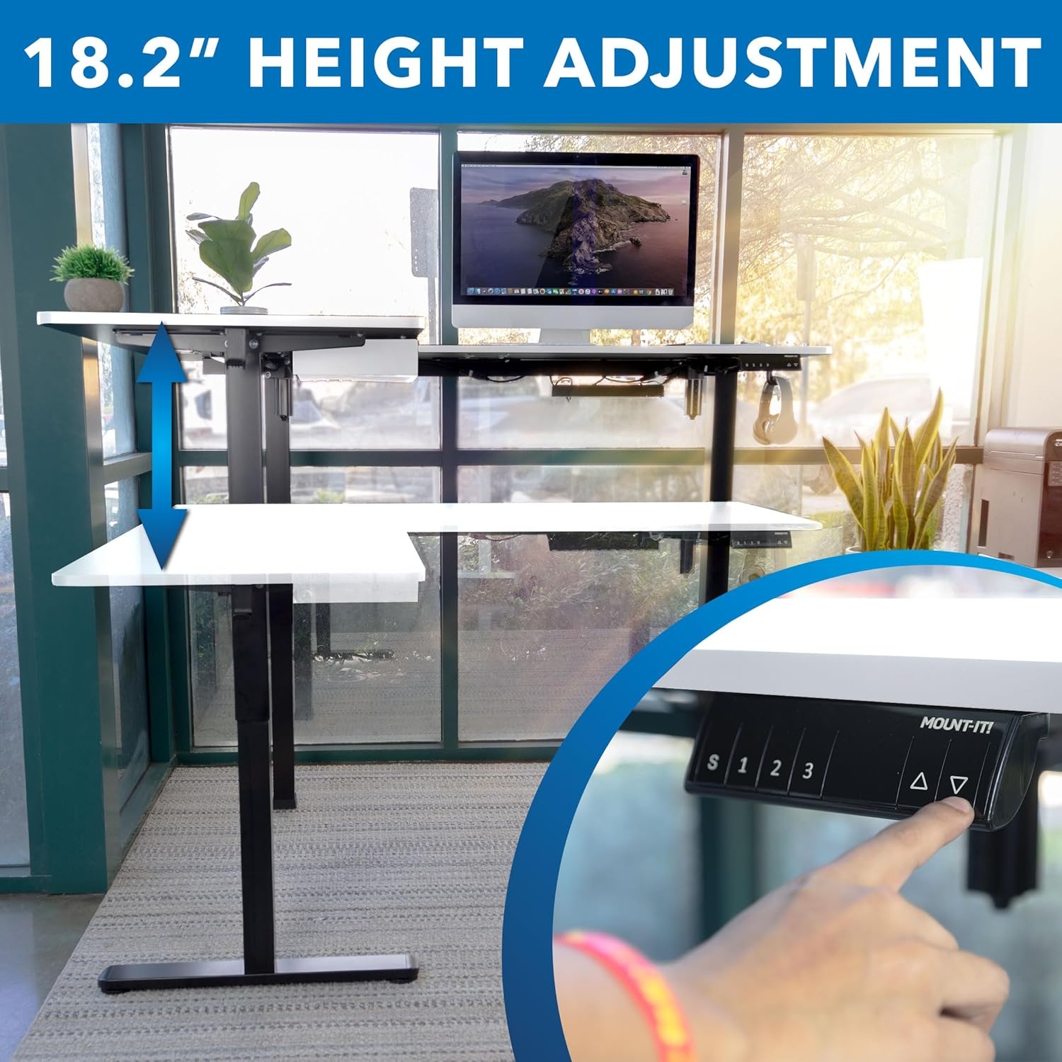image:imageMountIt L Shaped Standing Desk Extra Large 75 x 63 Electric Corner Standing Desk Height Adjustable from 283 to 465 3 Memory Settings White Solid Steel Frame Black TabletopBlack Frame White Top