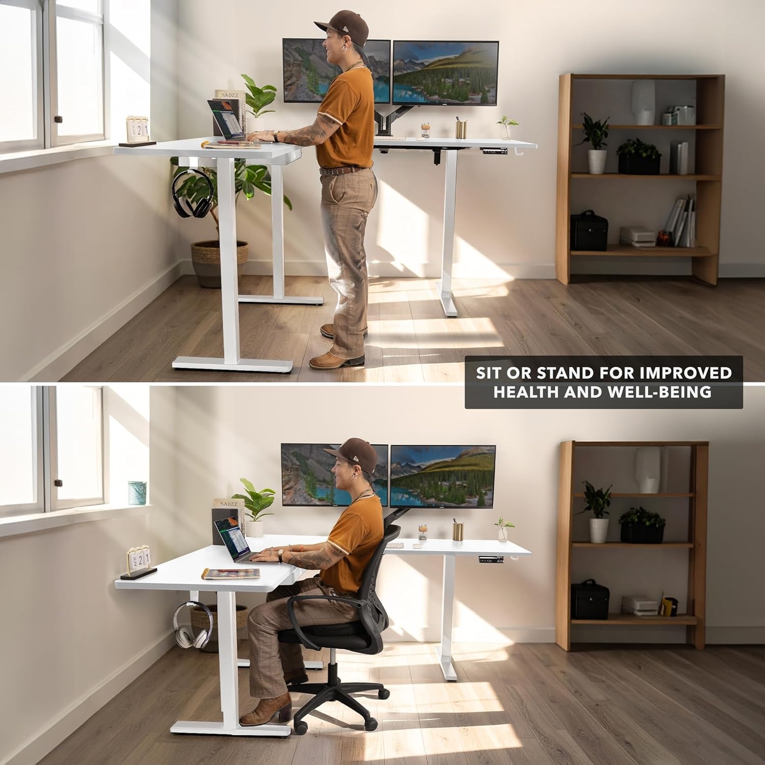 image:imageMountIt L Shaped Standing Desk Extra Large 75 x 63 Electric Corner Standing Desk Height Adjustable from 283 to 465 3 Memory Settings White Solid Steel Frame Black TabletopWhite Frame White Top