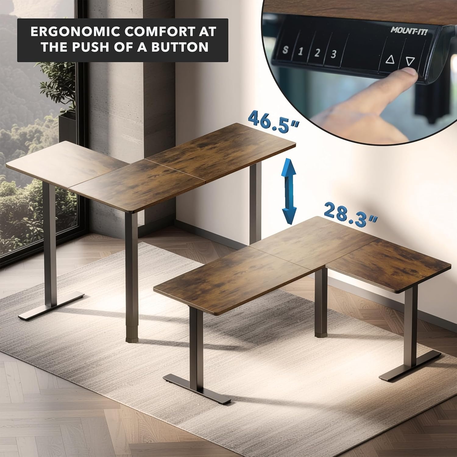 image:imageMountIt L Shaped Standing Desk Extra Large 75 x 63 Electric Corner Standing Desk Height Adjustable from 283 to 465 3 Memory Settings White Solid Steel Frame Black TabletopBlack Frame Rustic Top