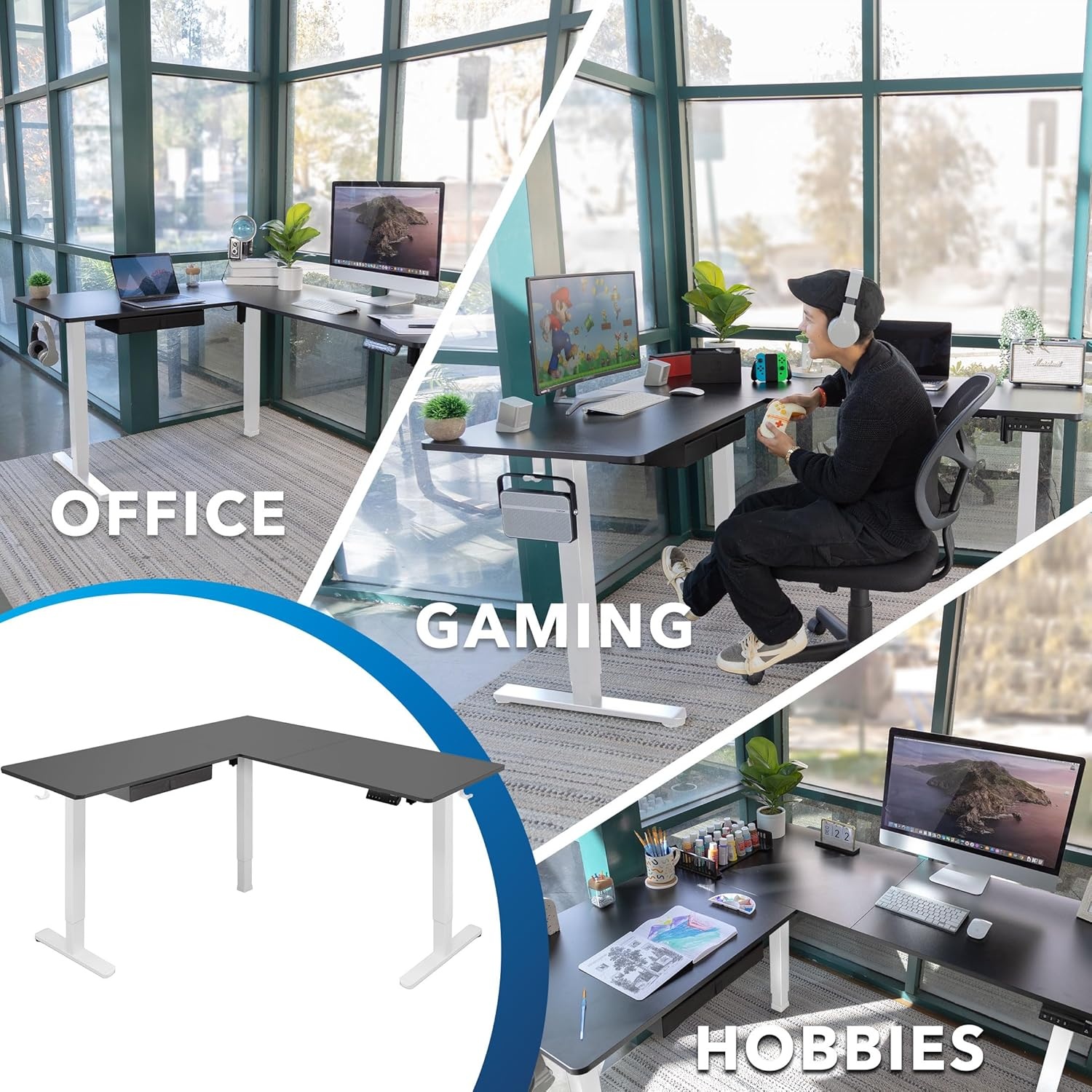 image:imageMountIt L Shaped Standing Desk Extra Large 75 x 63 Electric Corner Standing Desk Height Adjustable from 283 to 465 3 Memory Settings White Solid Steel Frame Black TabletopWhite Frame Black Top
