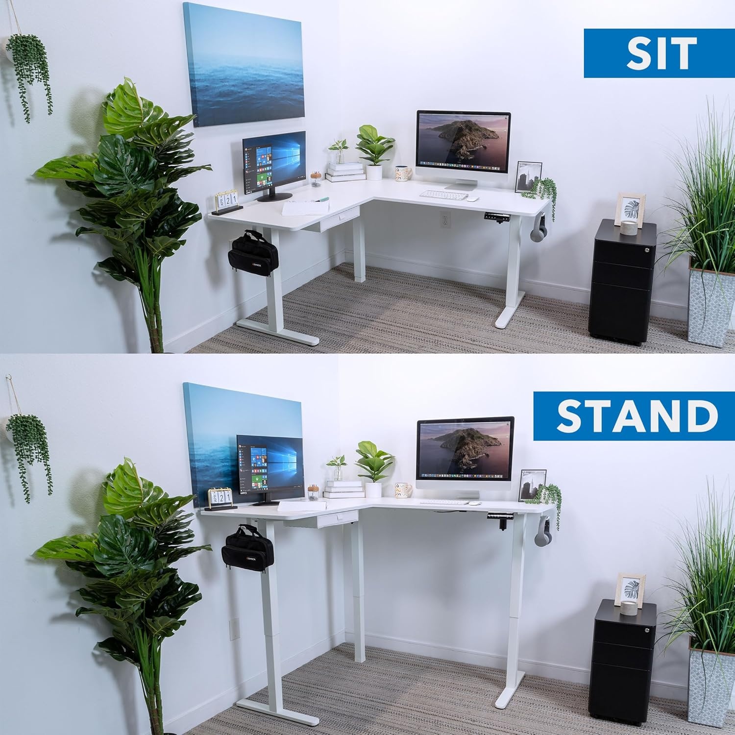 image:imageMountIt L Shaped Standing Desk Extra Large 75 x 63 Electric Corner Standing Desk Height Adjustable from 283 to 465 3 Memory Settings White Solid Steel Frame Black TabletopWhite Frame White Top