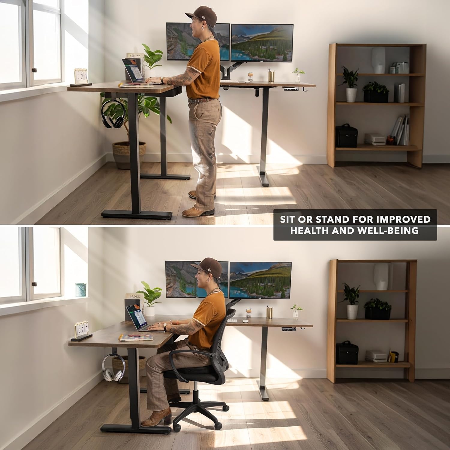 image:imageMountIt L Shaped Standing Desk Extra Large 75 x 63 Electric Corner Standing Desk Height Adjustable from 283 to 465 3 Memory Settings White Solid Steel Frame Black TabletopBlack Frame Rustic Top
