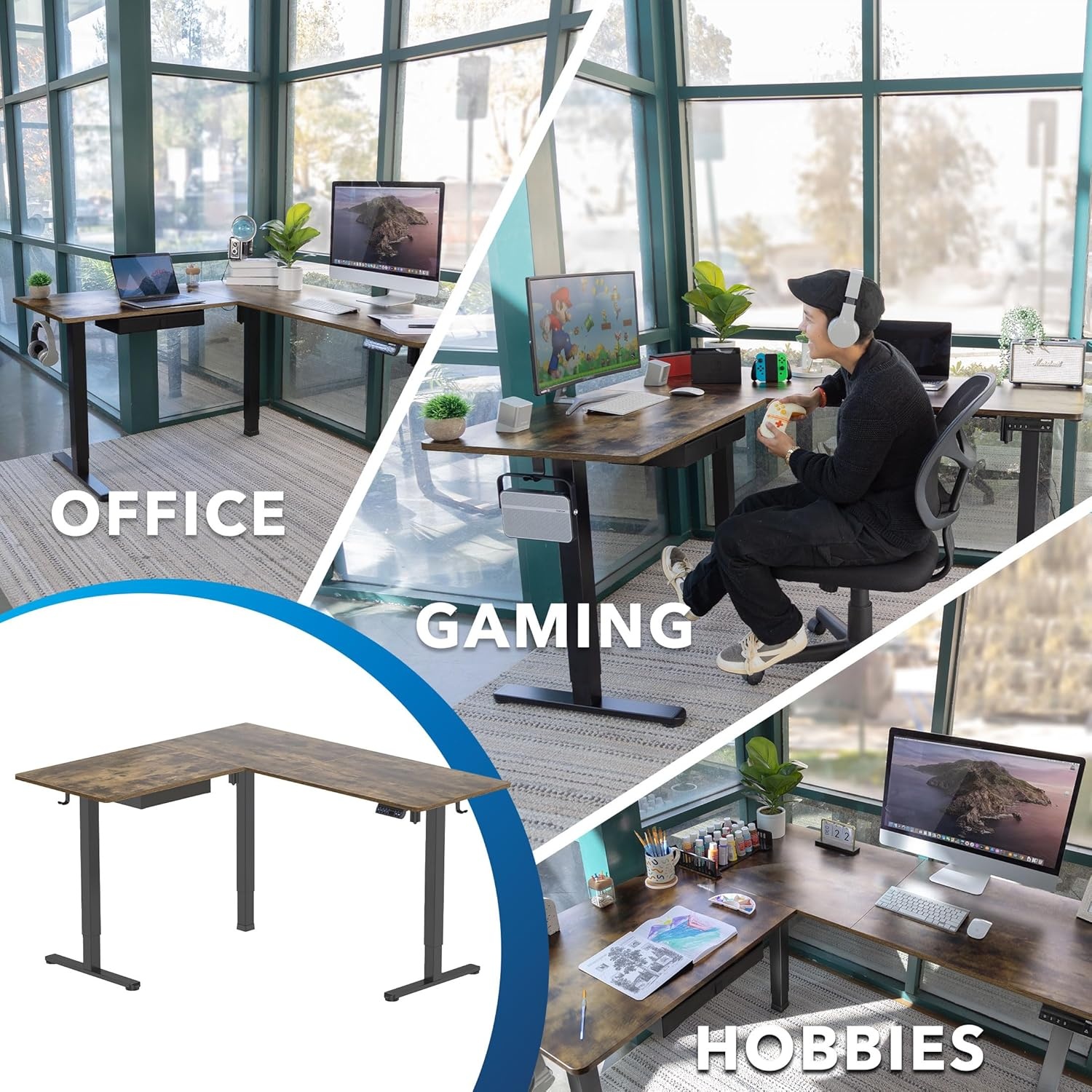 image:imageMountIt L Shaped Standing Desk Extra Large 75 x 63 Electric Corner Standing Desk Height Adjustable from 283 to 465 3 Memory Settings White Solid Steel Frame Black TabletopBlack Frame Rustic Top