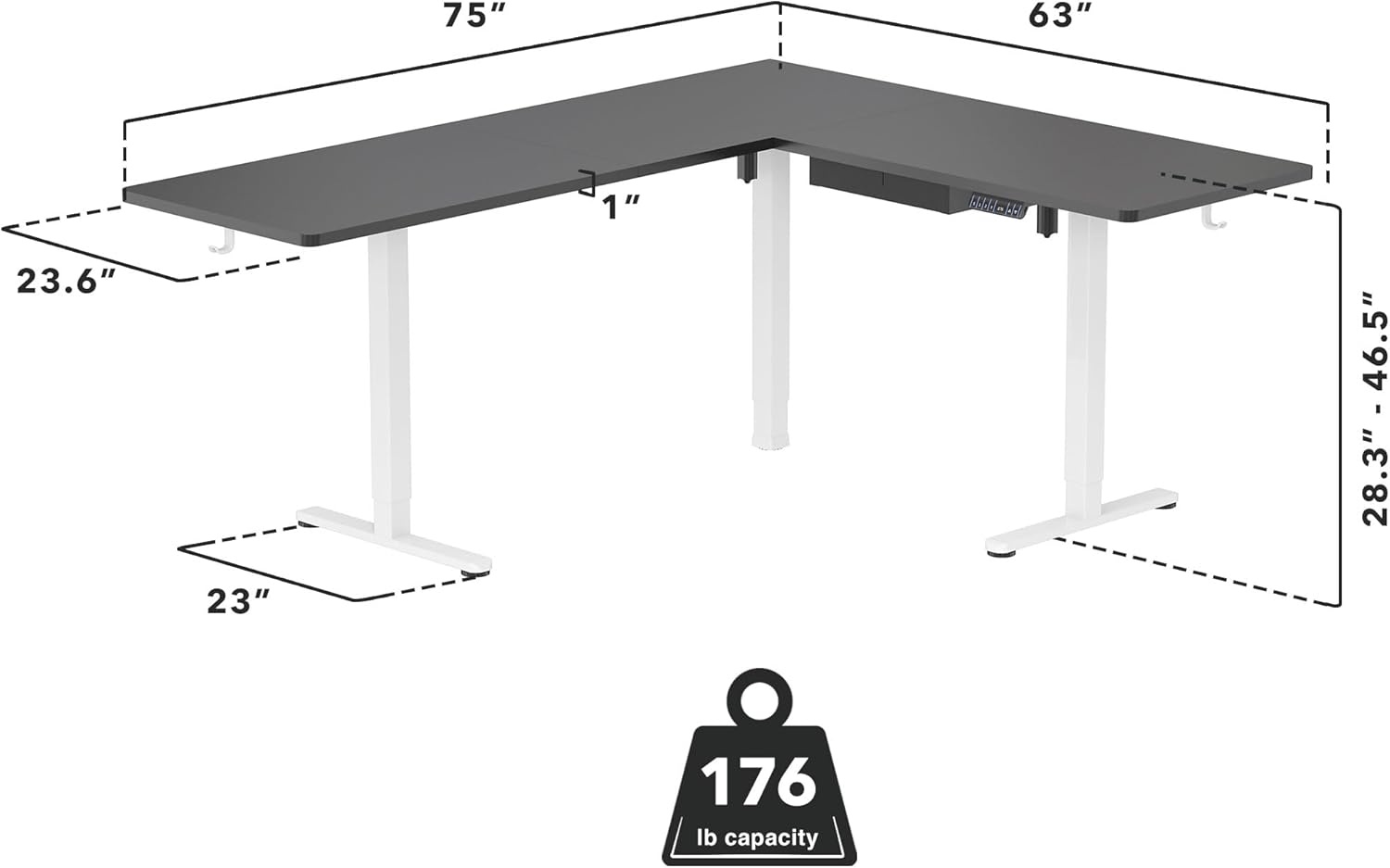 image:imageMountIt L Shaped Standing Desk Extra Large 75 x 63 Electric Corner Standing Desk Height Adjustable from 283 to 465 3 Memory Settings White Solid Steel Frame Black TabletopWhite Frame Black Top