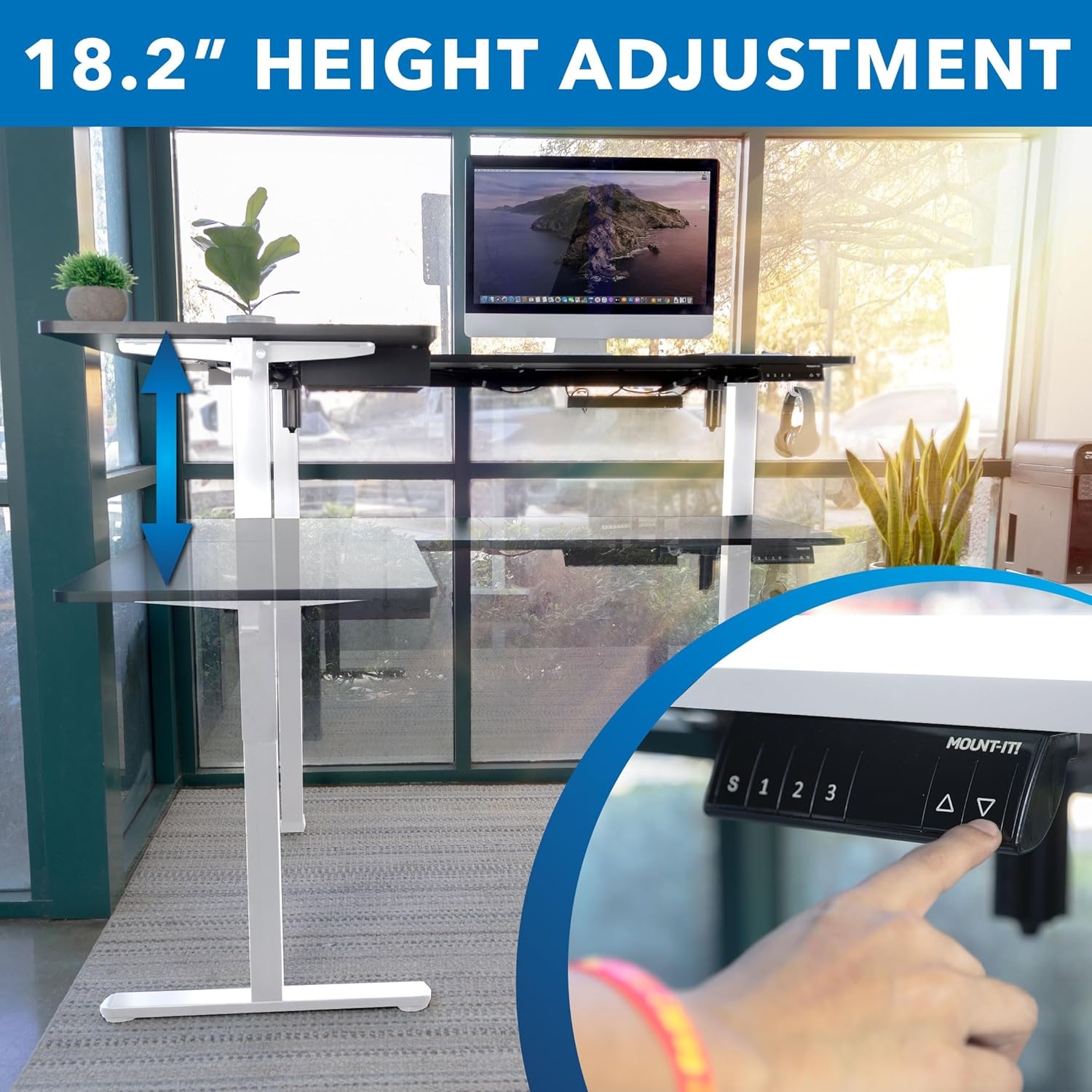 image:imageMountIt L Shaped Standing Desk Extra Large 75 x 63 Electric Corner Standing Desk Height Adjustable from 283 to 465 3 Memory Settings White Solid Steel Frame Black TabletopWhite Frame Black Top