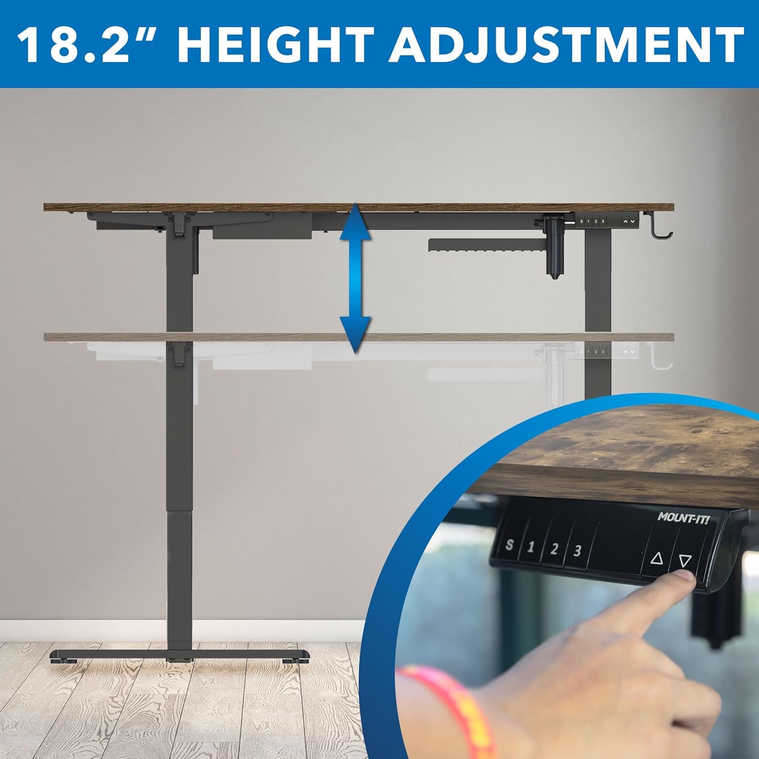image:imageMountIt L Shaped Standing Desk Extra Large 75 x 63 Electric Corner Standing Desk Height Adjustable from 283 to 465 3 Memory Settings White Solid Steel Frame Black TabletopBlack Frame Rustic Top