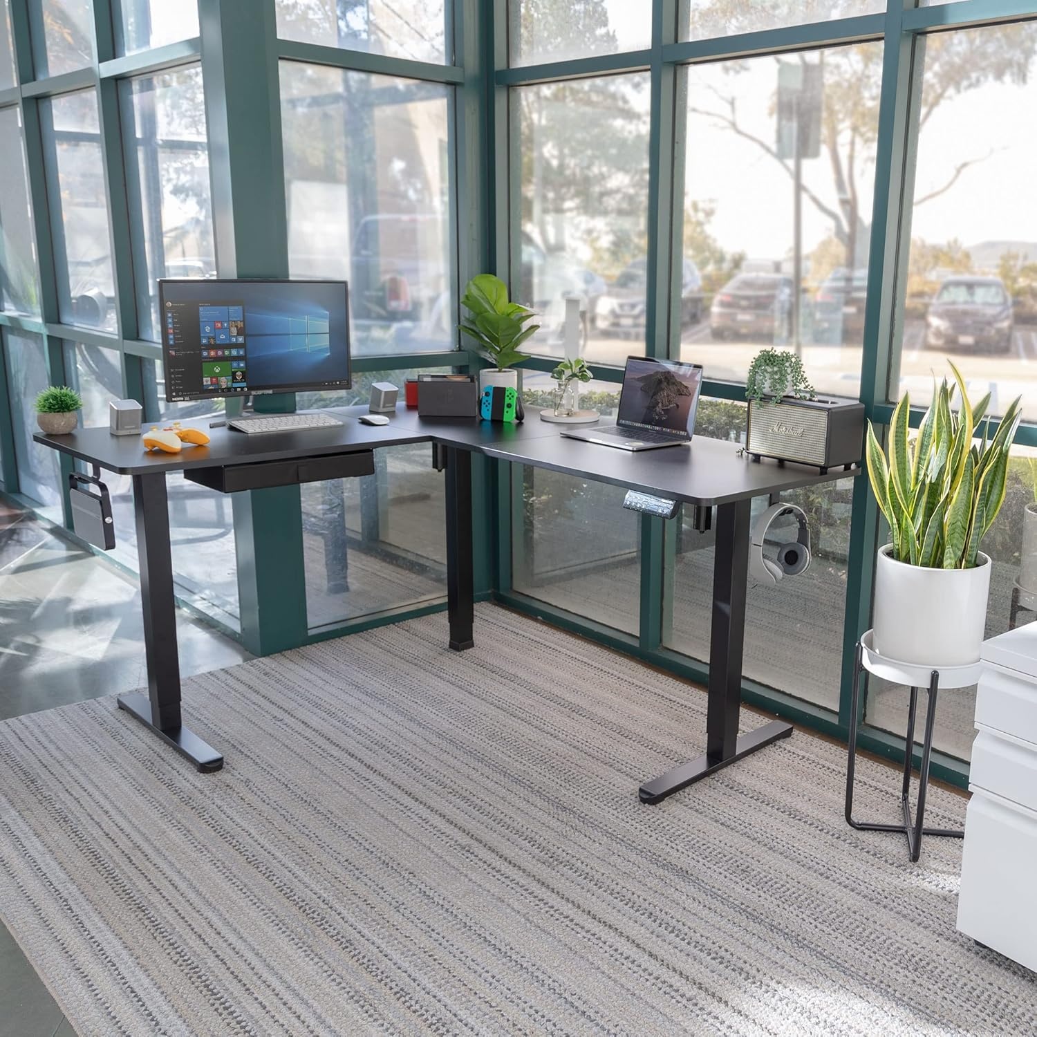 image:imageMountIt L Shaped Standing Desk Extra Large 75 x 63 Electric Corner Standing Desk Height Adjustable from 283 to 465 3 Memory Settings White Solid Steel Frame Black TabletopBlack Frame Black Top